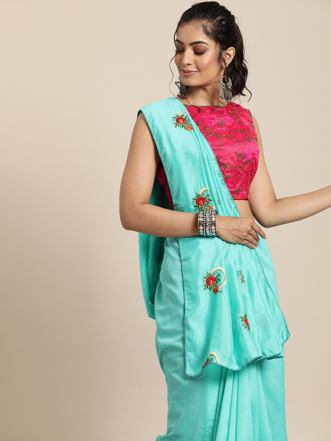 

SHAVYA Turquoise Blue & Red Pure Georgette Embroidered Saree