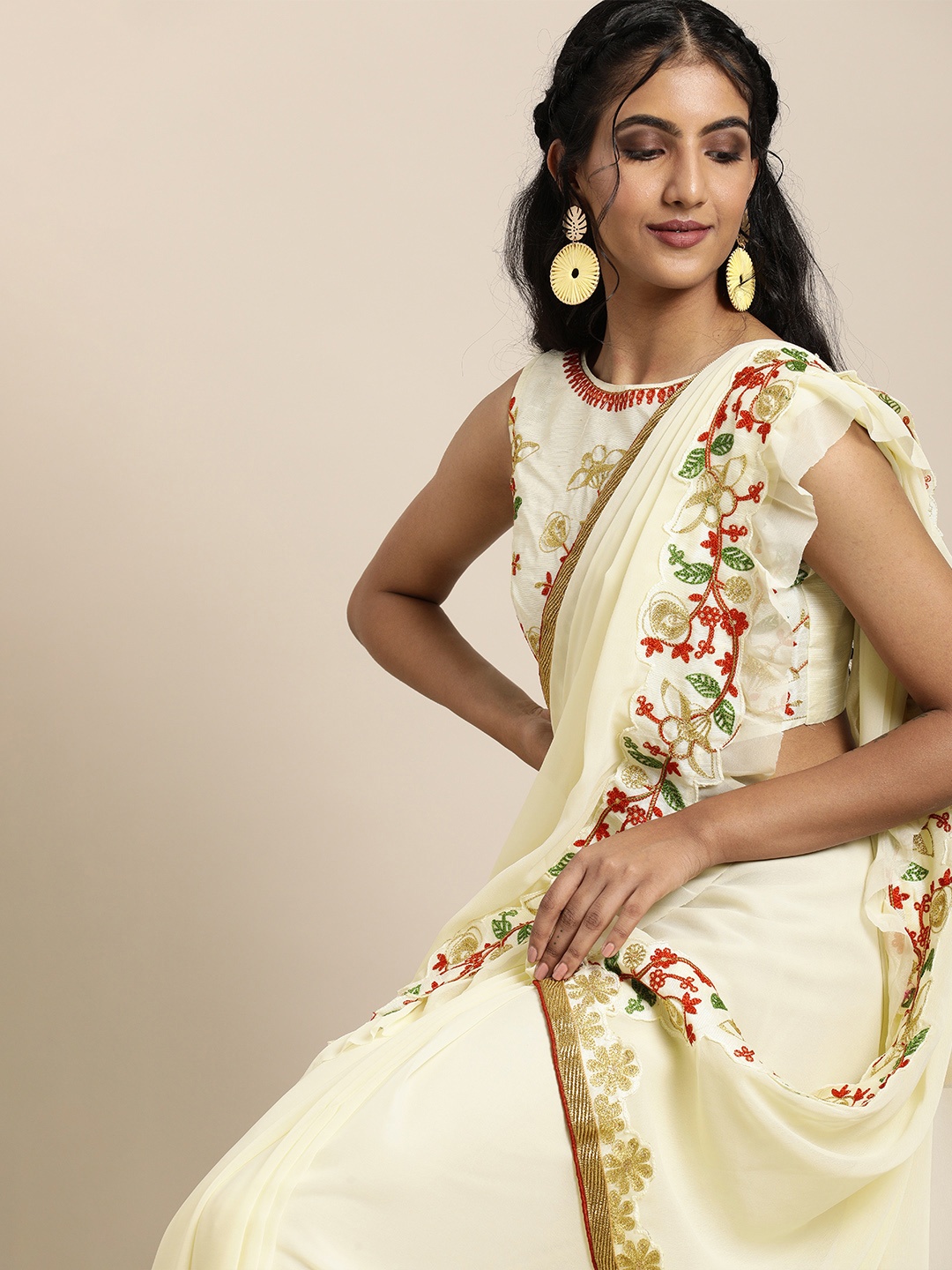 

SHAVYA Cream-Coloured Solid Silk Blend Saree
