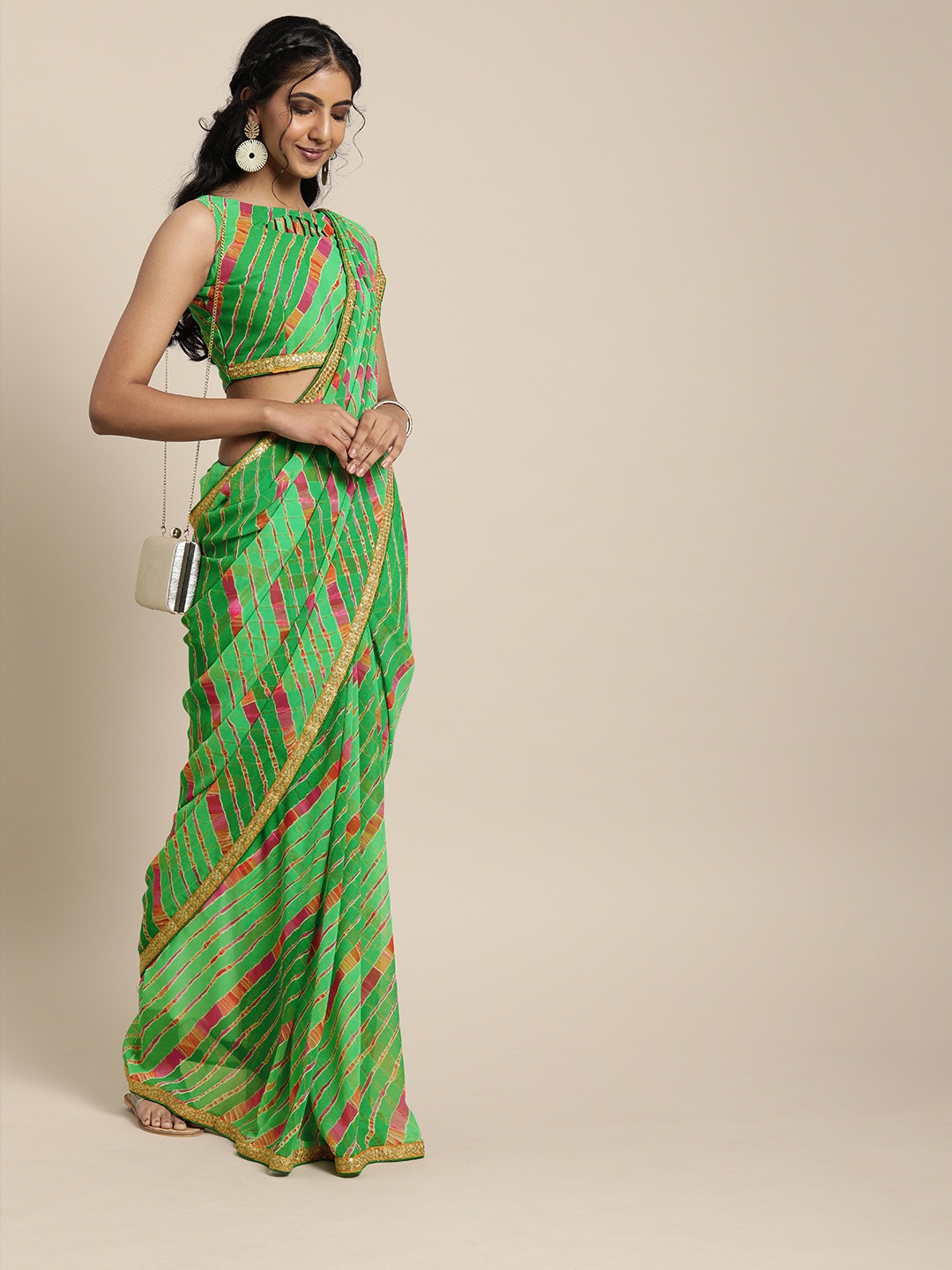 

SHAVYA Green & Pink Pure Georgette Printed Leheriya Celebrity Saree