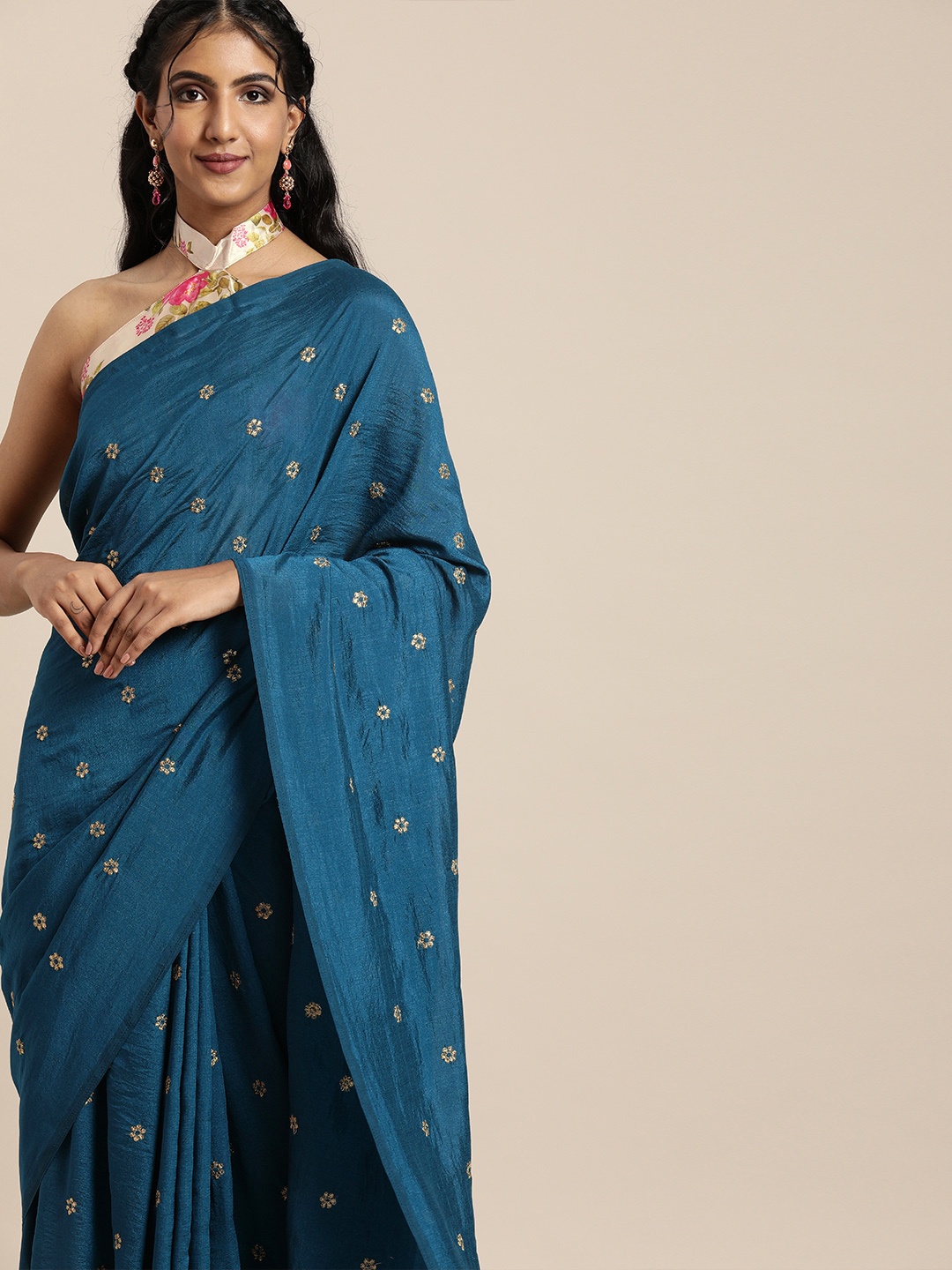 

SHAVYA Teal Blue Embroidered Pure Georgette Saree with Printed Blouse