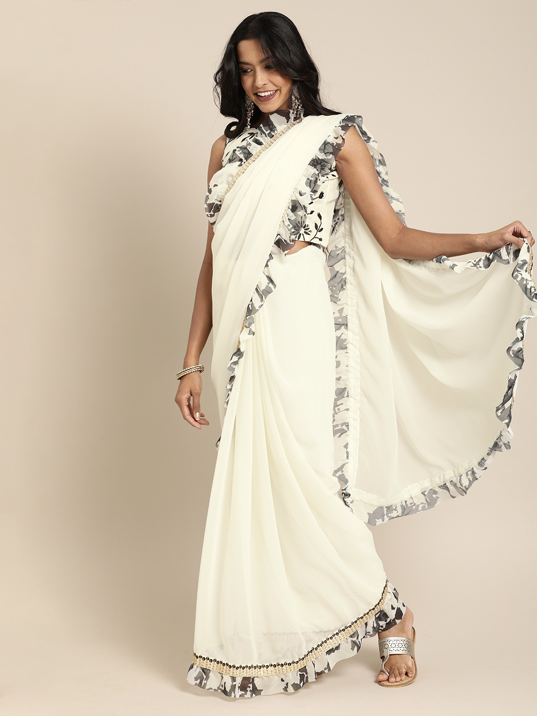 

SHAVYA Off-White Solid Pure Georgette Party Saree