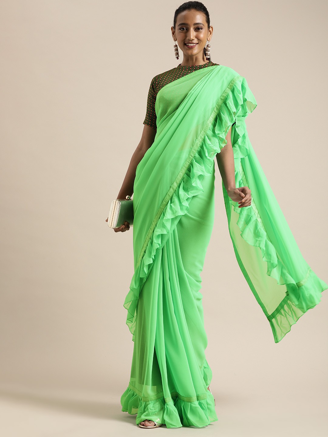 

SHAVYA Green Solid Pure Georgette Saree