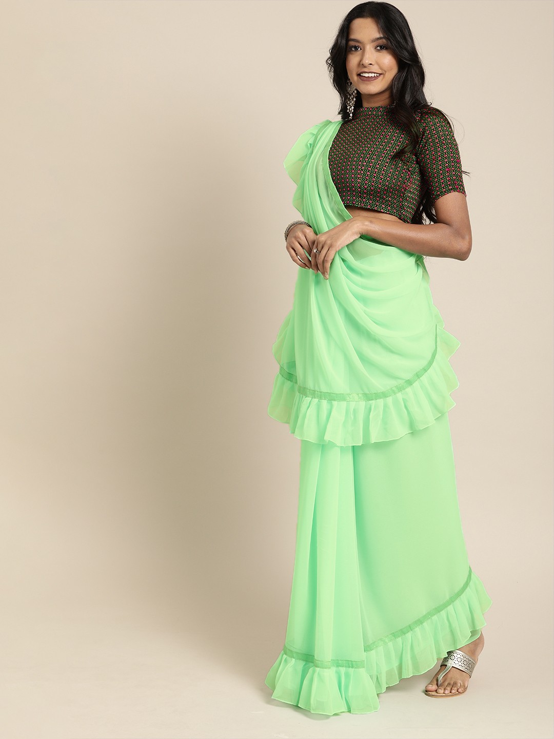 

SHAVYA Sea Green Solid Pure Georgette Saree