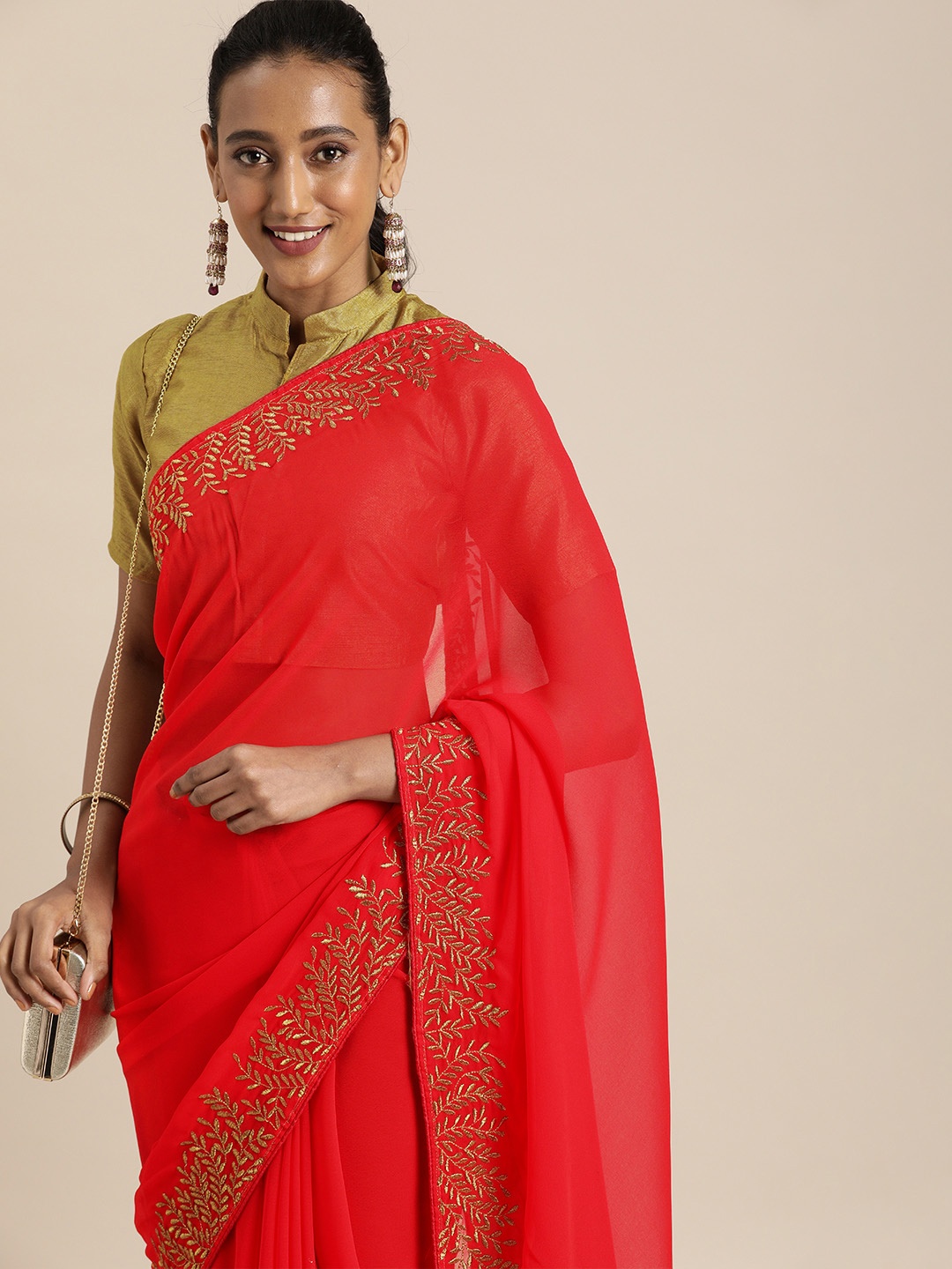 

SHAVYA Red Solid Pure Georgette Saree