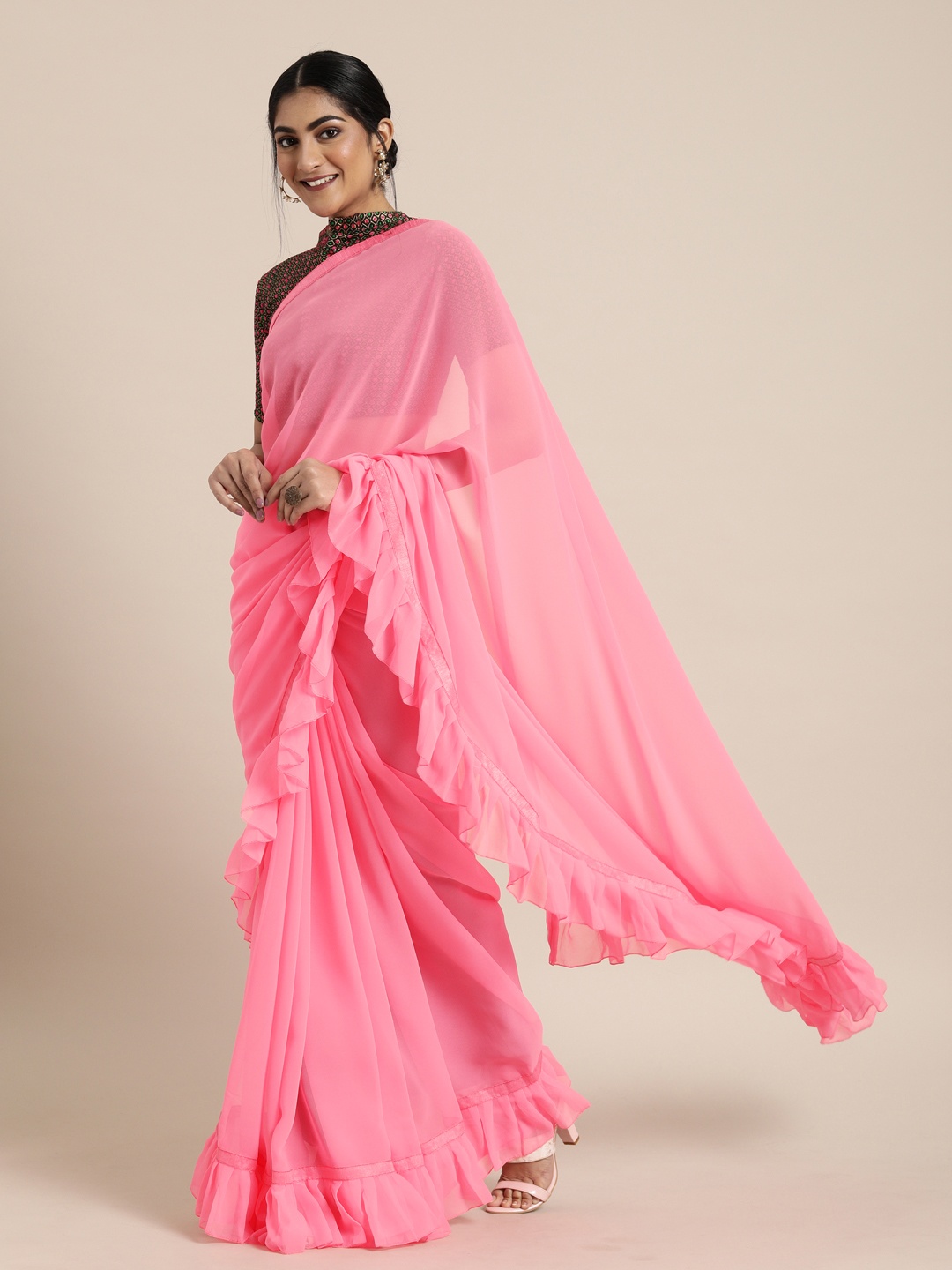 

SHAVYA Pink Solid Pure Georgette Ruffled Saree