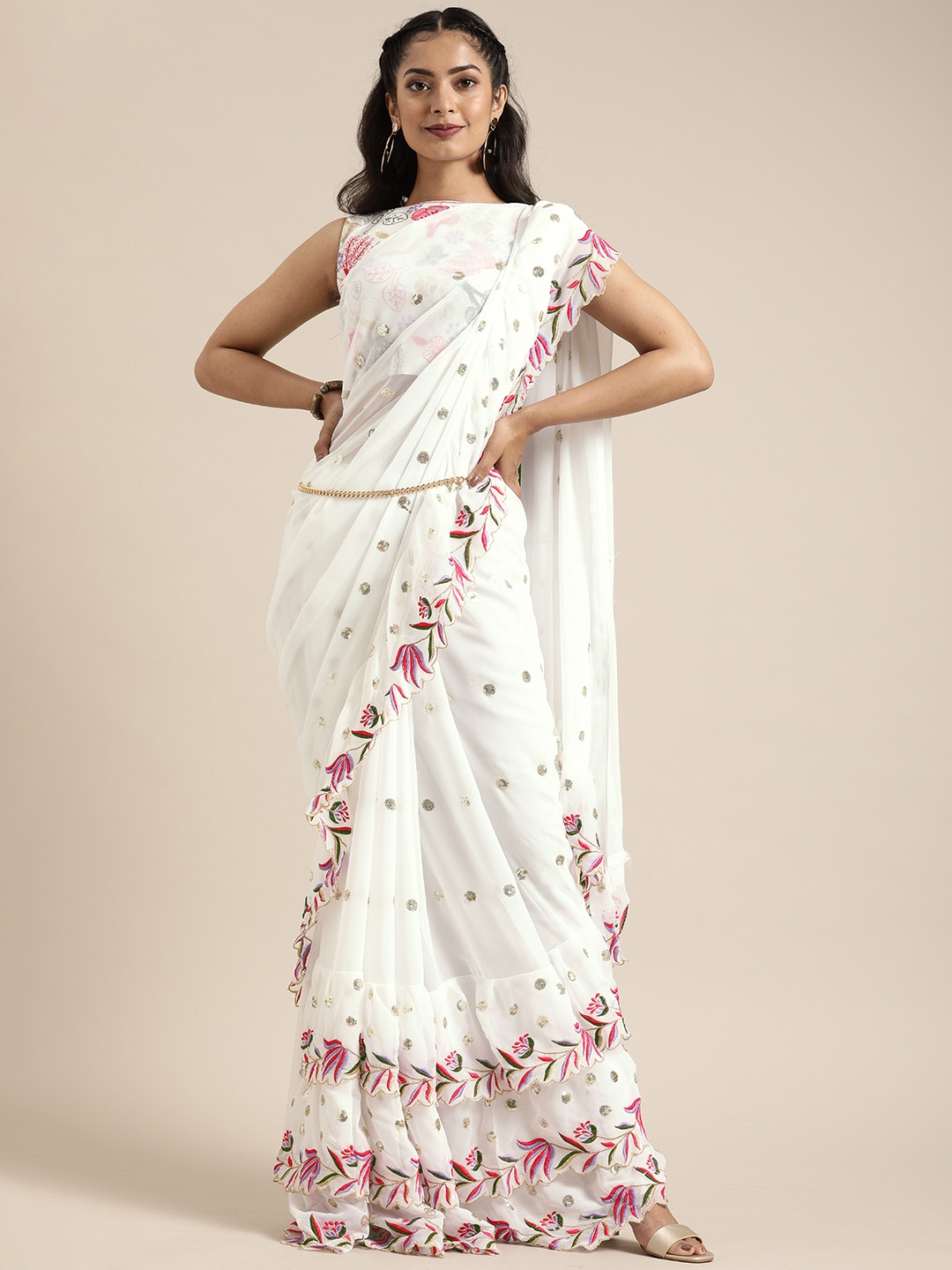 

SHAVYA White Embroidered Pure Georgette Saree