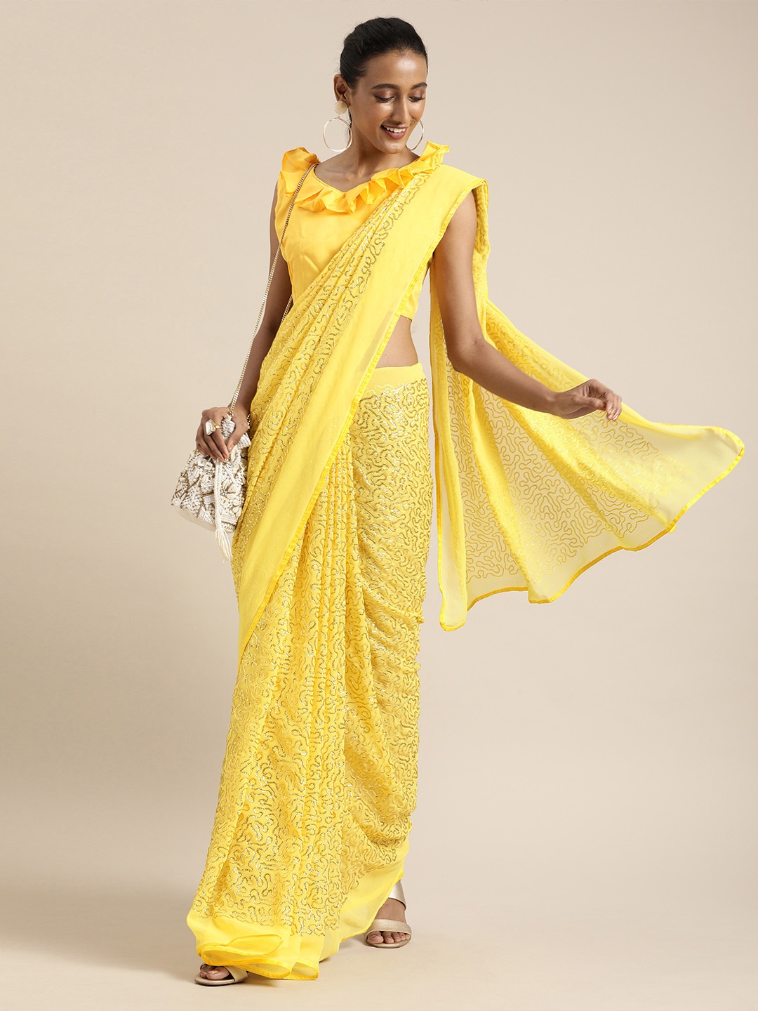 

SHAVYA Yellow Sequinned Pure Georgette Saree