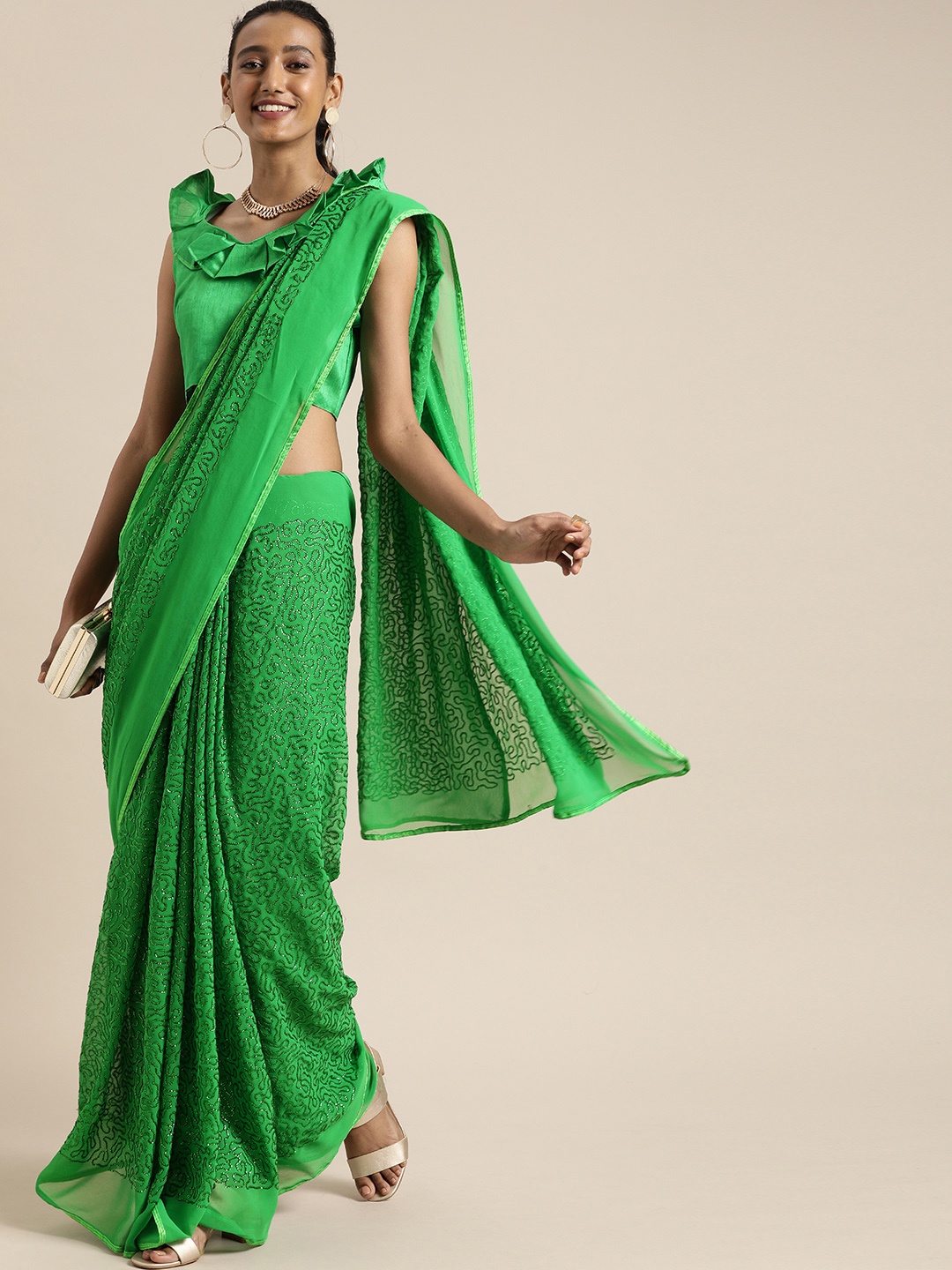 

SHAVYA Green Sequinned Pure Georgette Saree