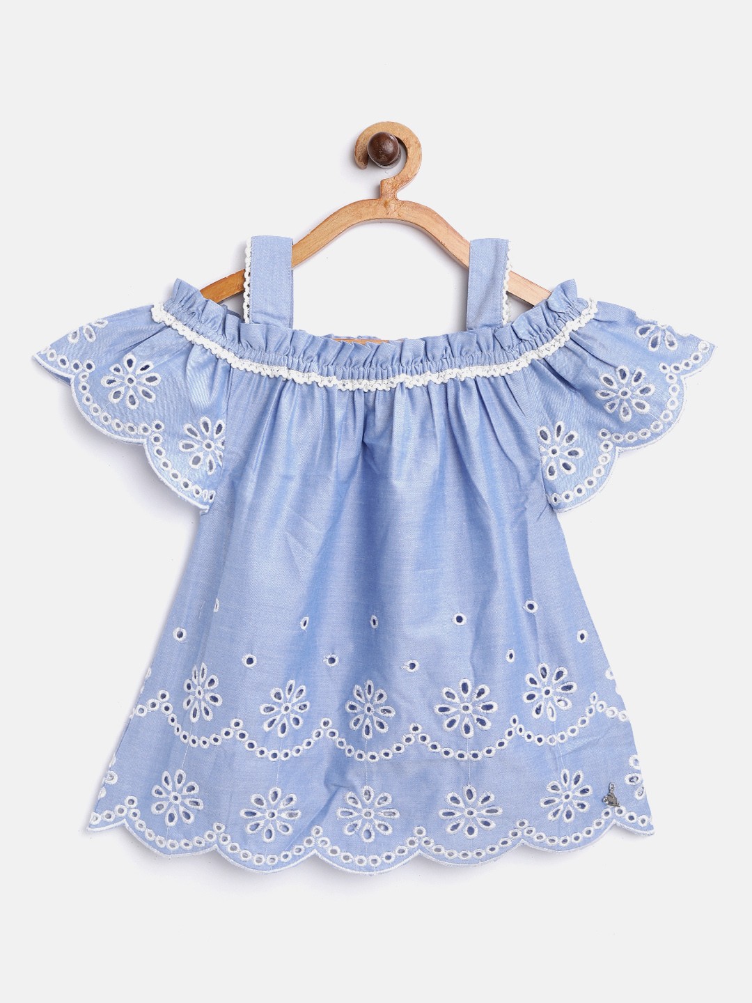 

Cherry Crumble Girls Blue & White Schiffli Embroidered A-Line Cotton Top