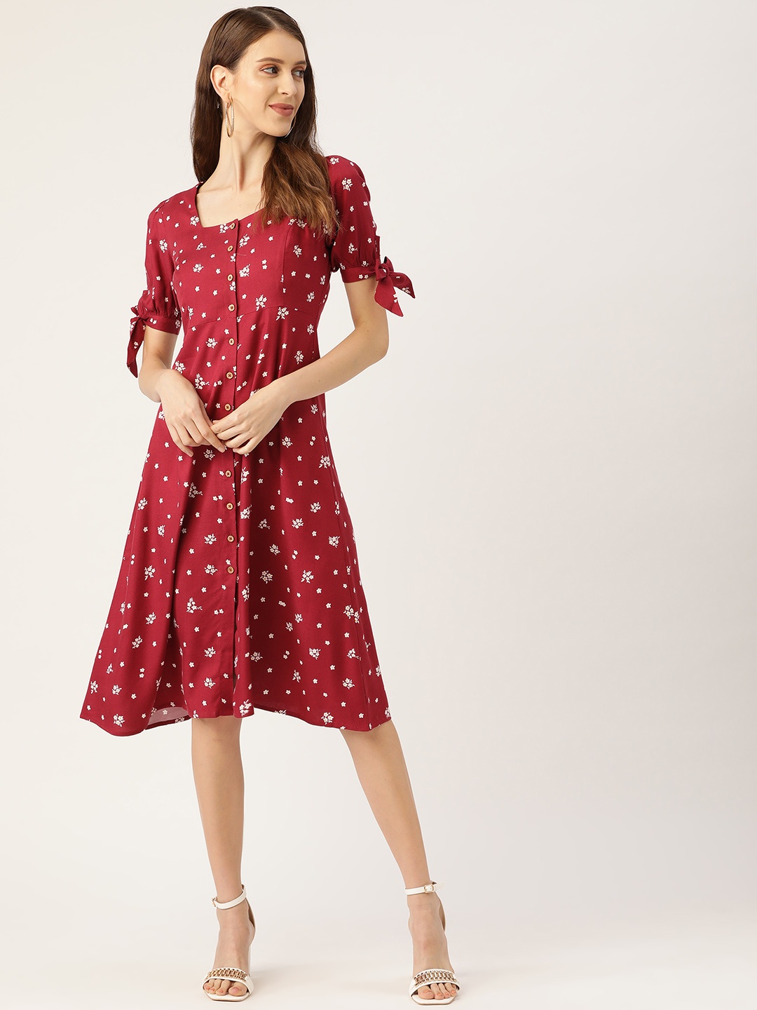 

20Dresses Women Maroon & Off-White Floral Print A-Line Dress
