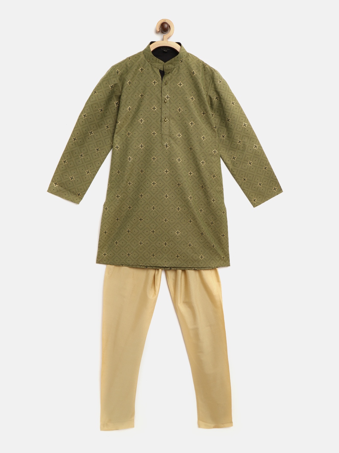 

Readiprint Fashions Boys Olive Green & Beige Printed Kurta with Solid Churidar