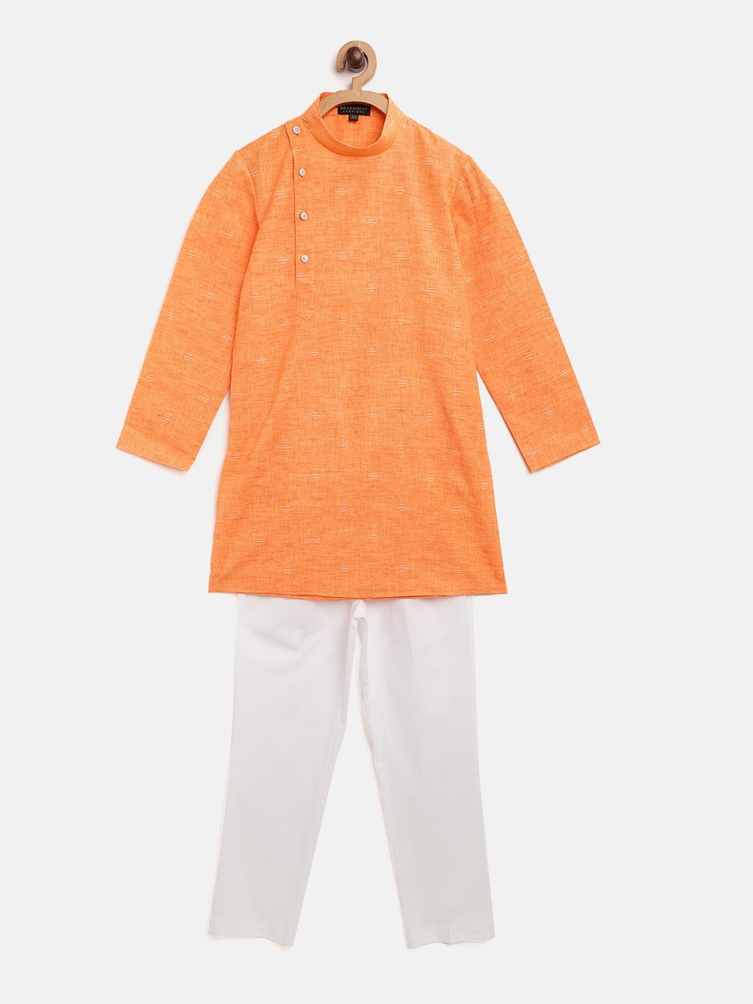 

Readiprint Fashions Boys Orange Woven Design Angrakha Kurta with White Churidar