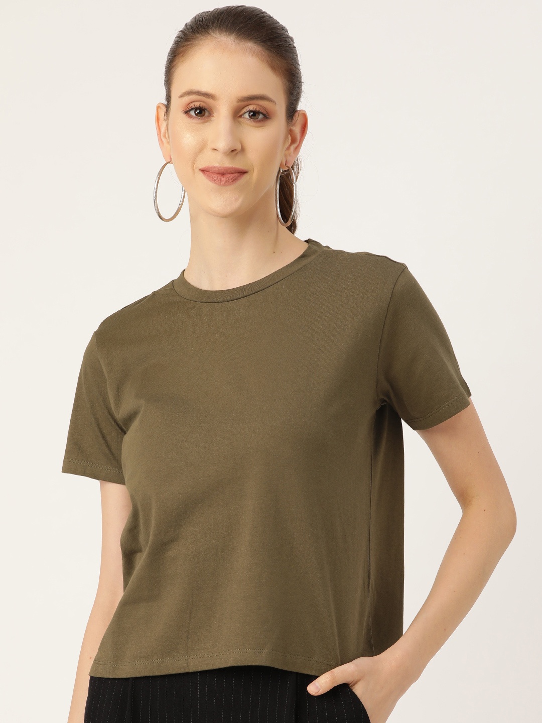 

20Dresses Women Olive Green Solid Round Neck T-shirt