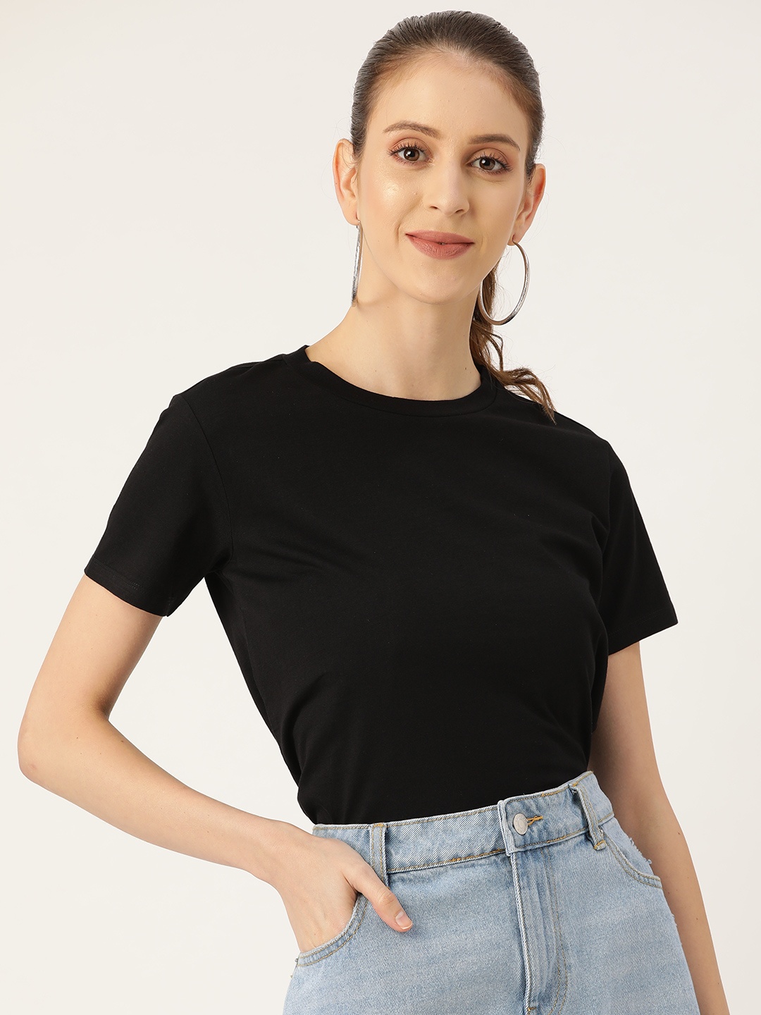 

20Dresses Women Black Solid Round Neck T-shirt