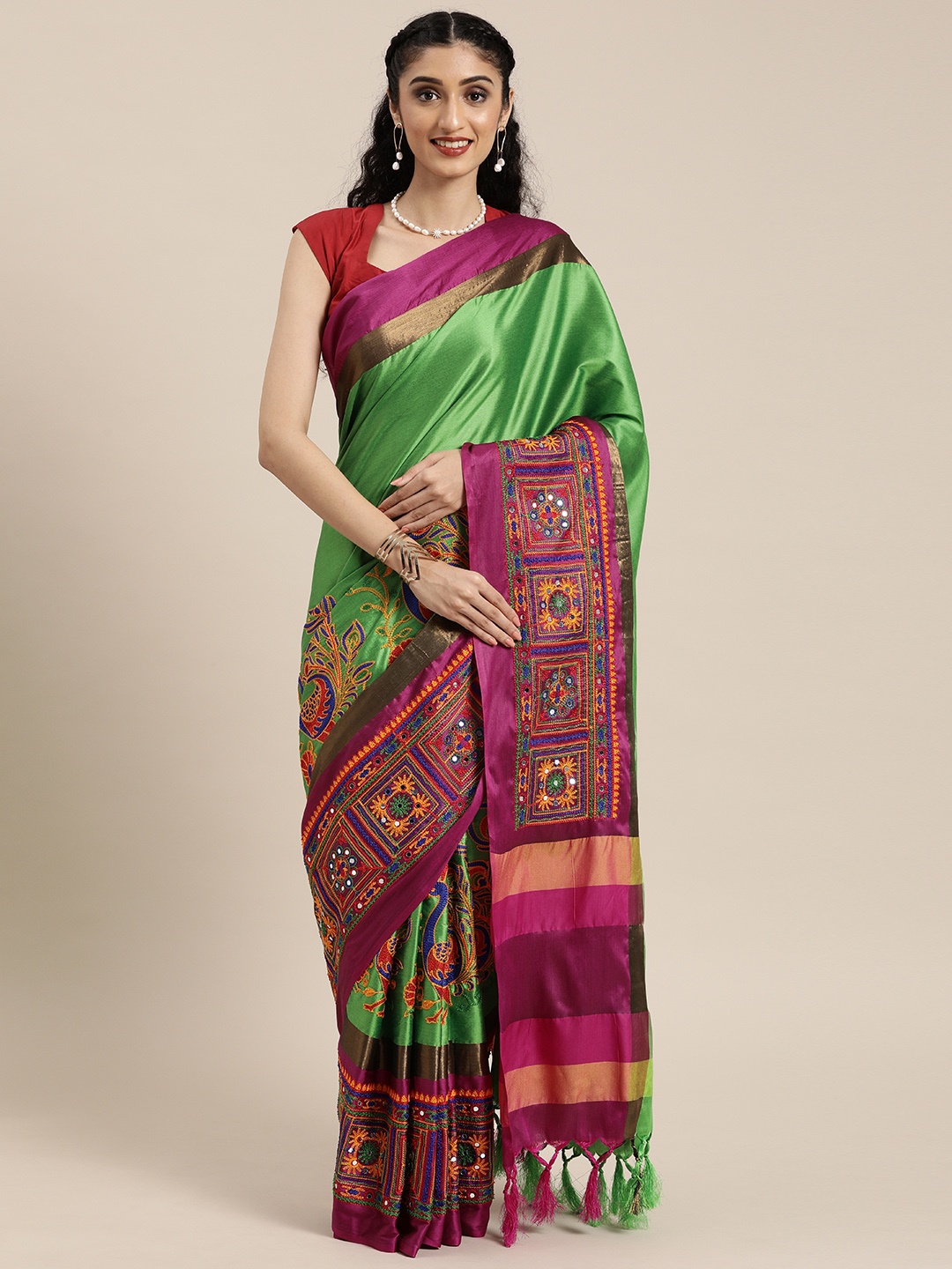 Mitera Green & Pink Silk Cotton Embroidered Saree