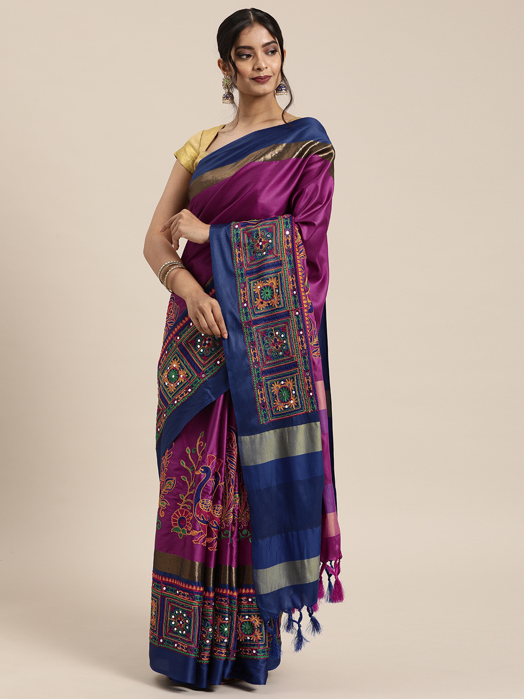 

Mitera Purple & Navy Blue Silk Cotton Embroidered Saree