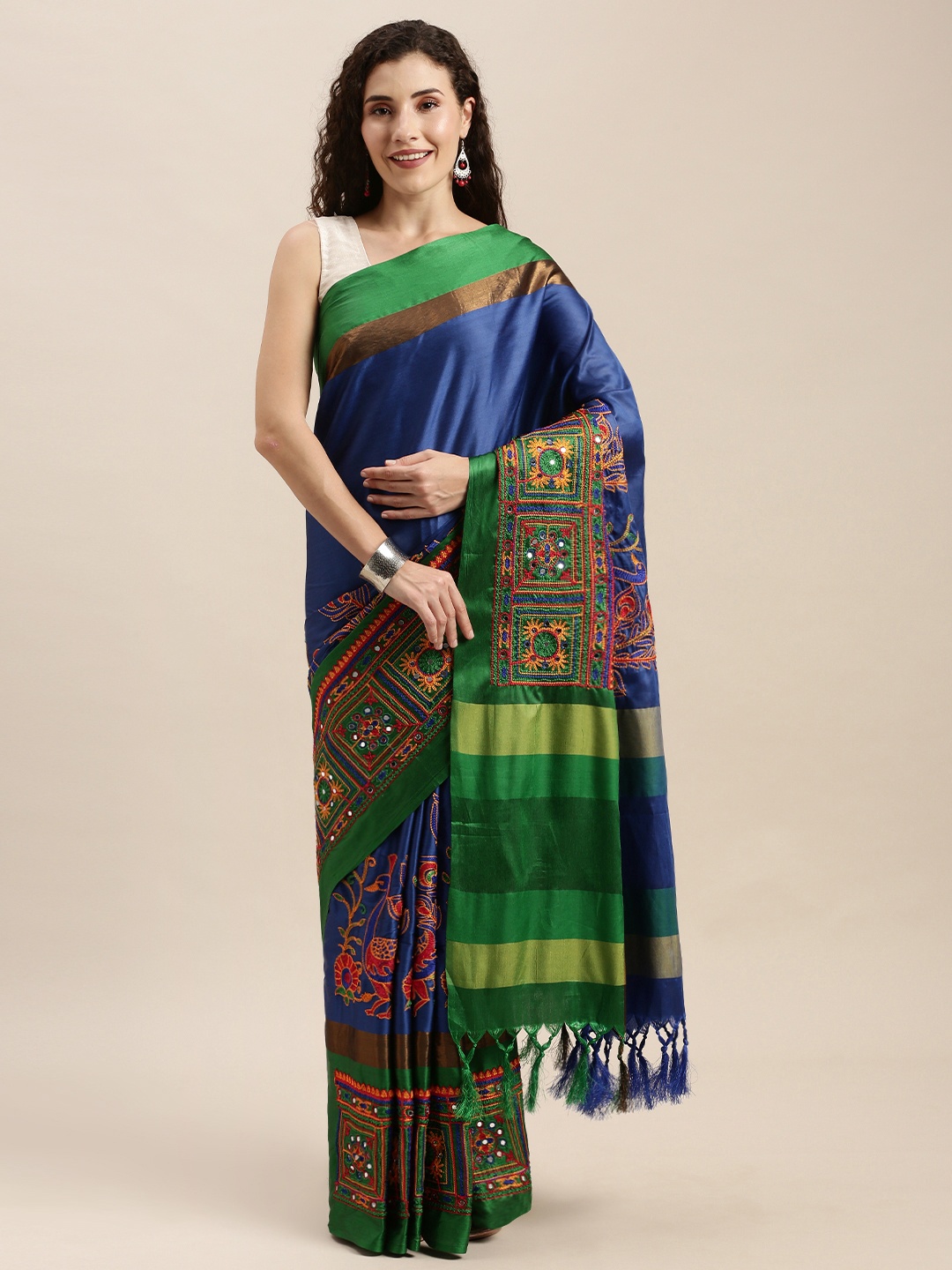

Mitera Navy Blue & Green Silk Cotton Kutchi Embroidered Saree