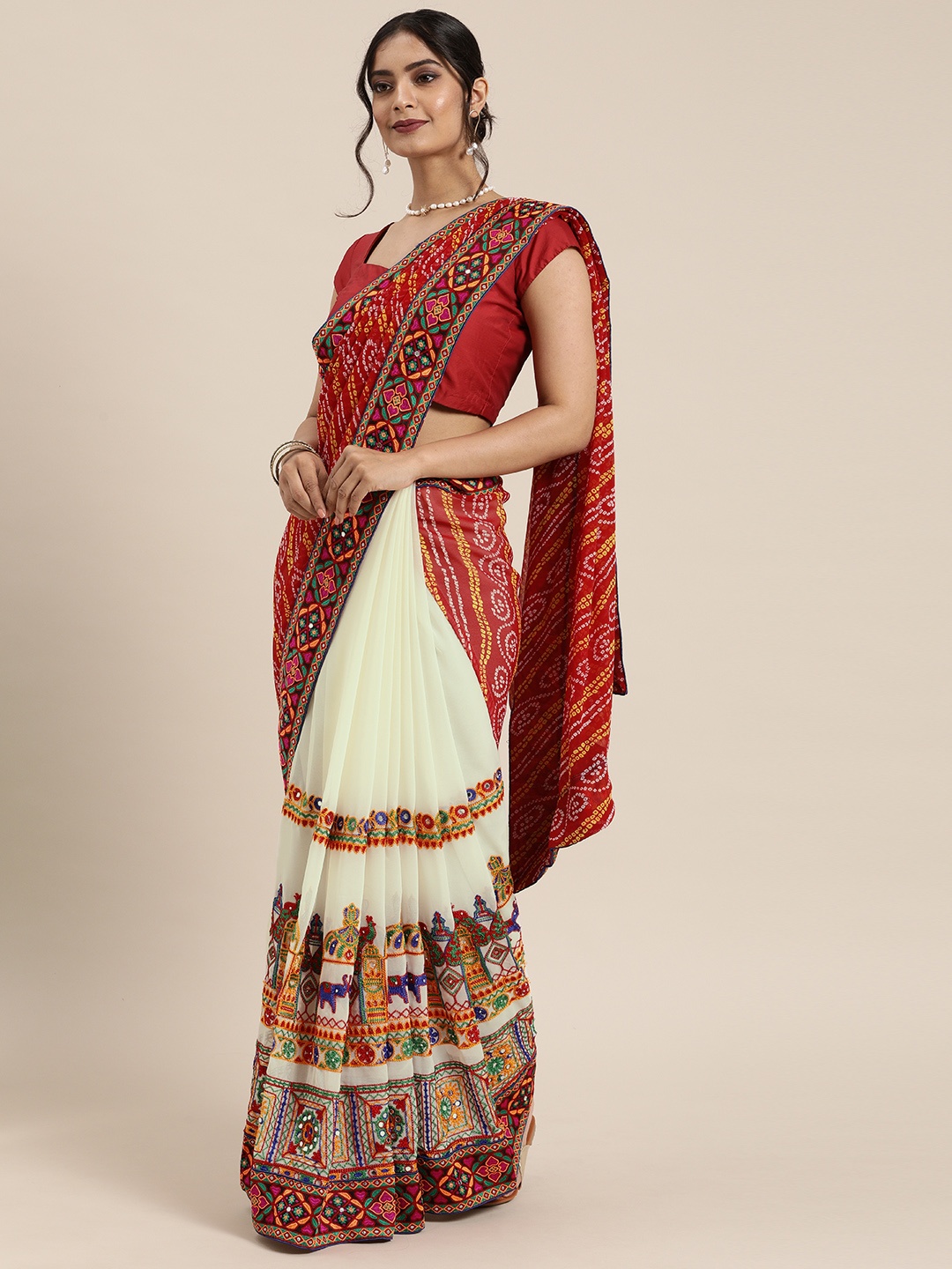 

Mitera Red & Off-White Pure Georgette Embroidered Bandhani Saree