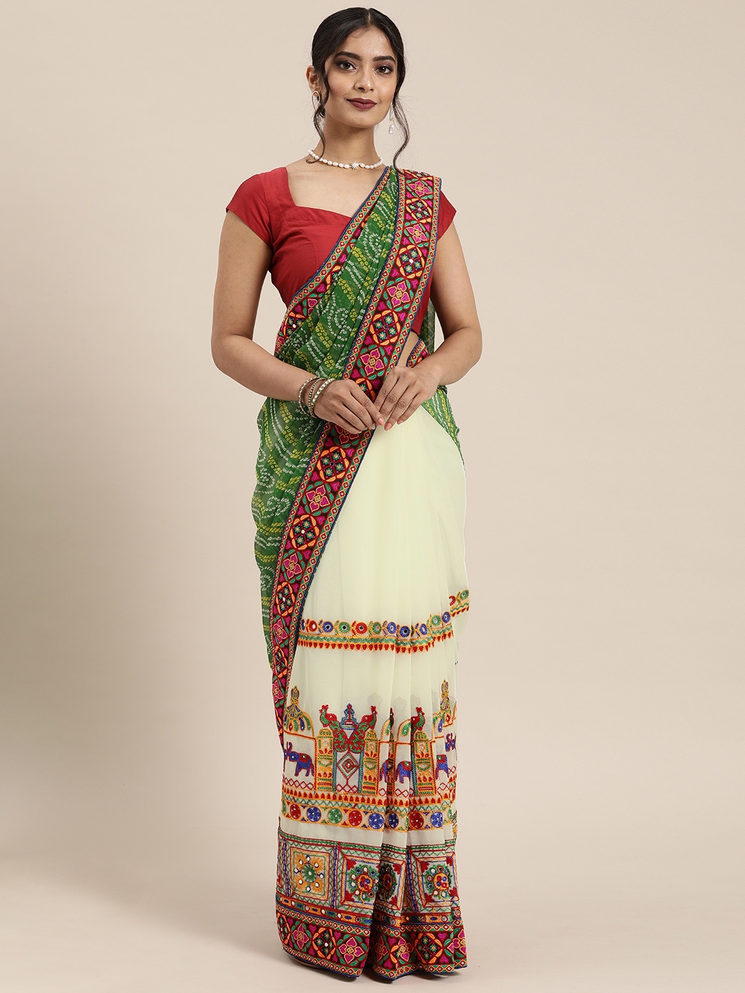 

Mitera Green & Off-White Pure Georgette Embroidered Bandhani Saree
