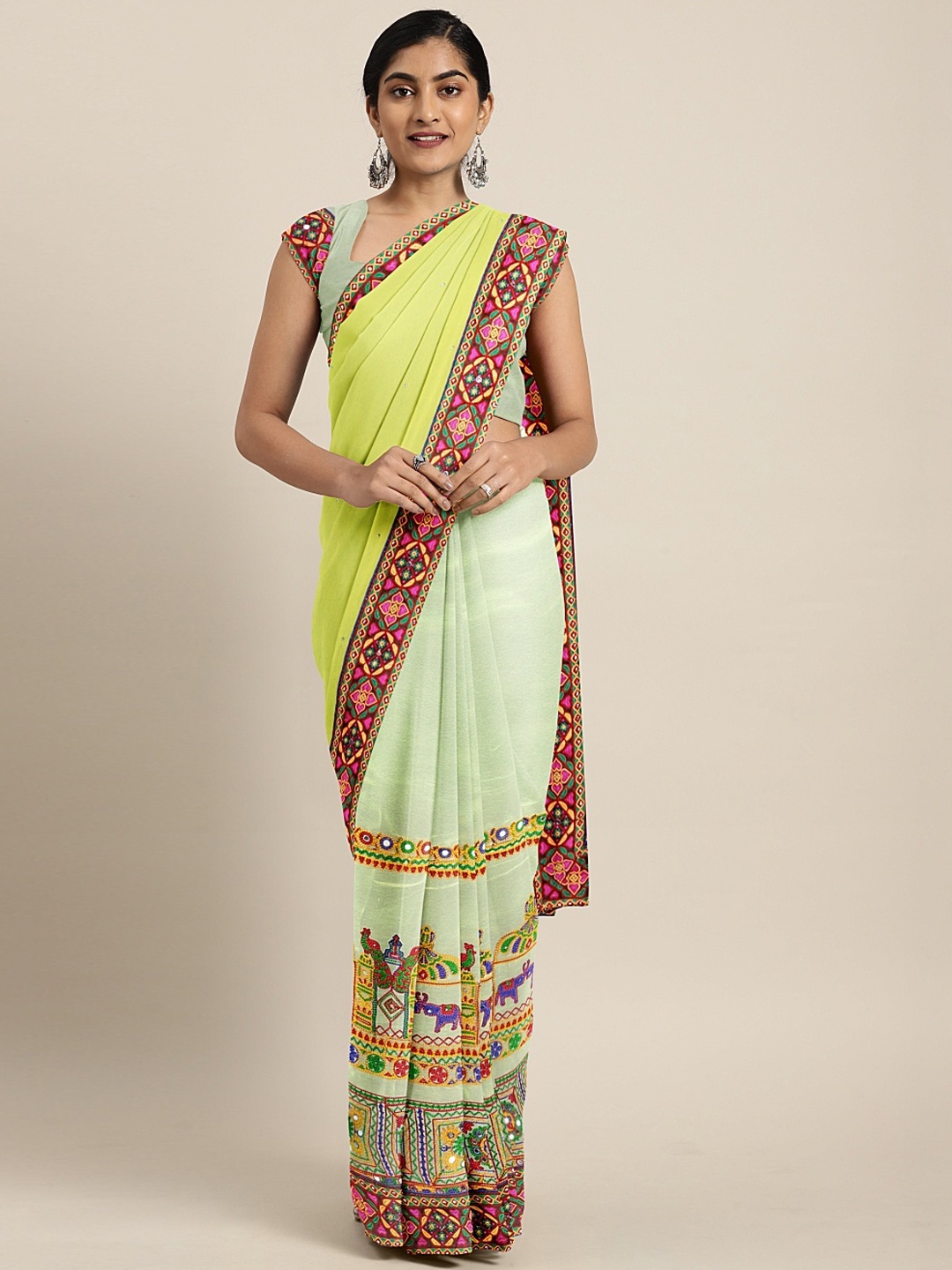 

Mitera Yellow & Beige Pure Georgette Embroidered Saree