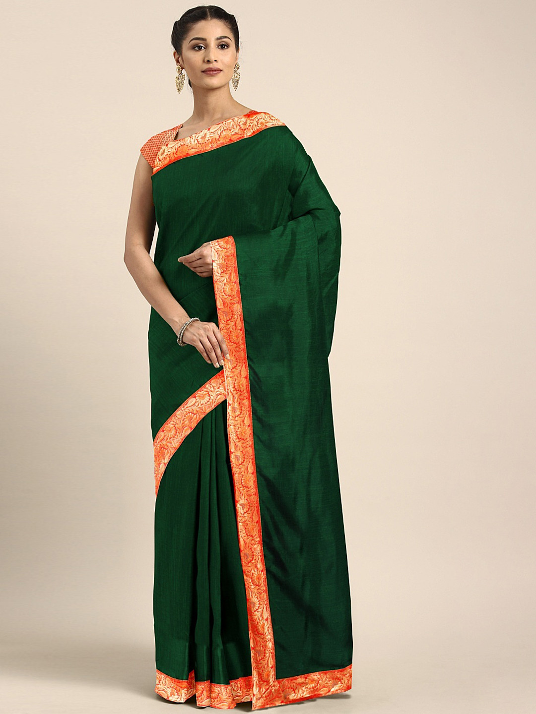 

Mitera Green & Orange Poly Silk Solid Saree