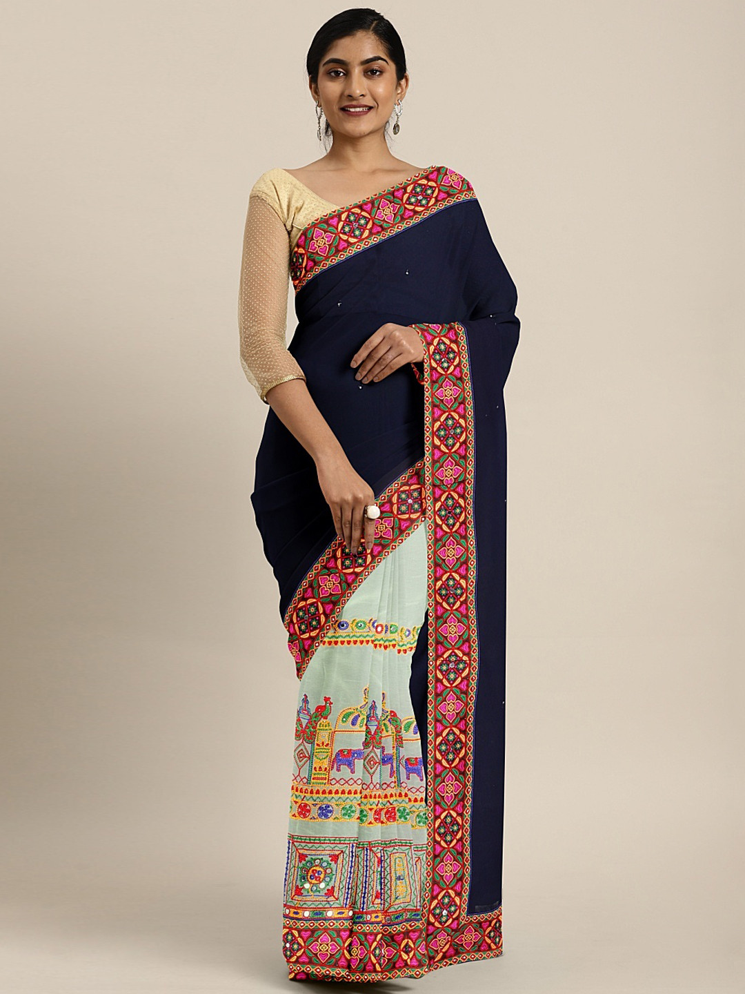 

Mitera Navy Blue & Beige Pure Georgette Embroidered Saree