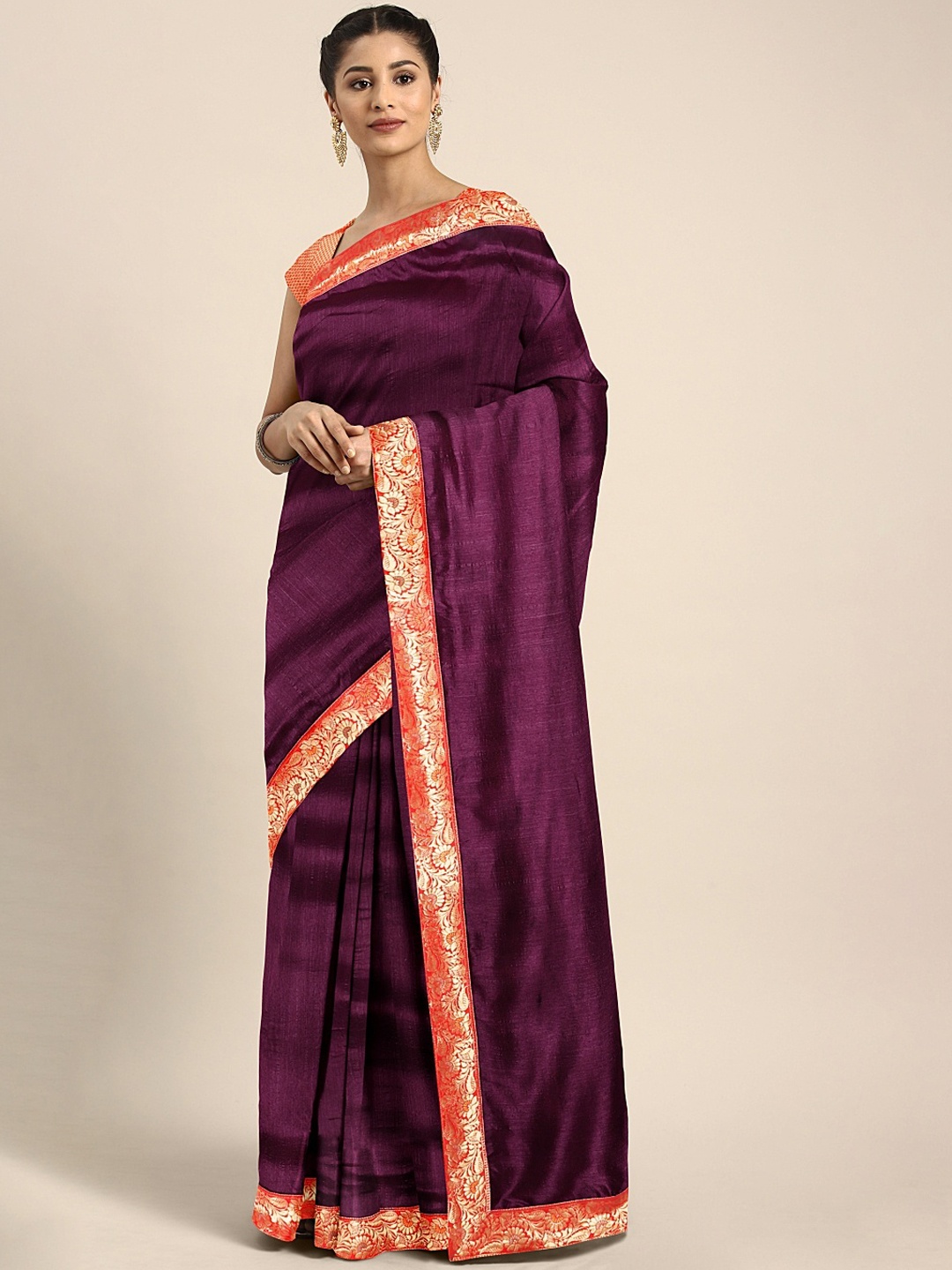 

Mitera Burgundy & Orange Solid Poly Silk Saree