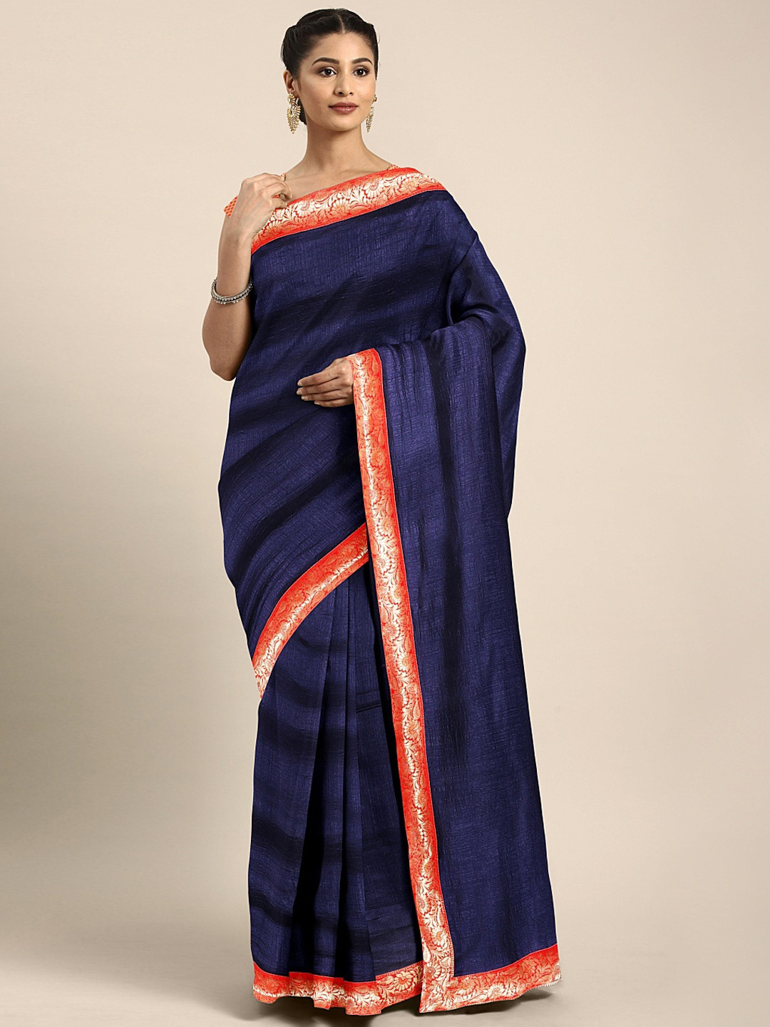 

Mitera Navy Blue & Red Poly Silk Solid Saree