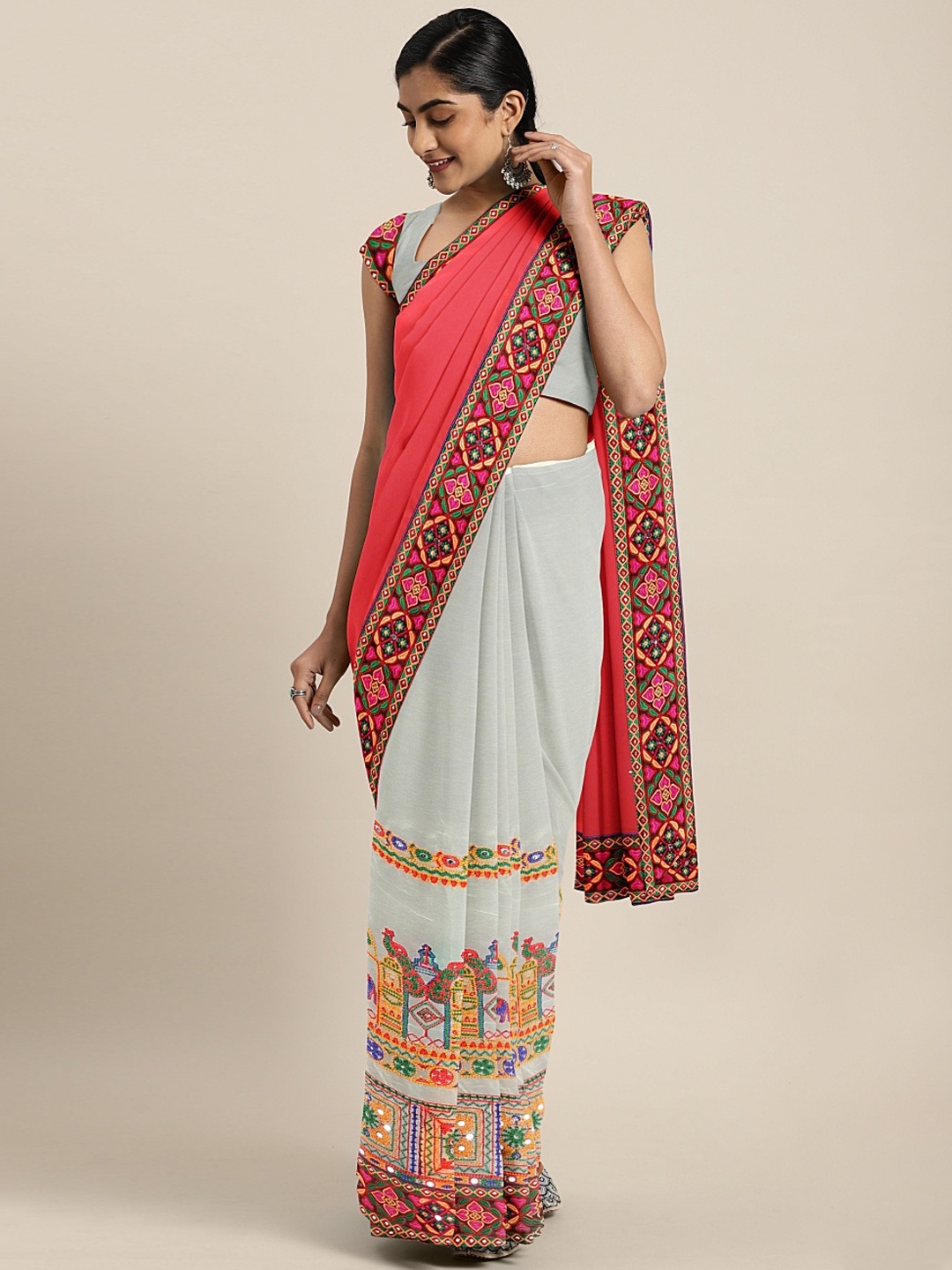

Mitera Pink & Grey Pure Georgette Woven Design Saree