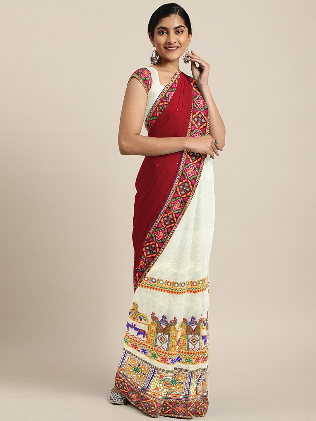 

Mitera Maroon & Cream-coloured Pure Georgette Woven Design Saree