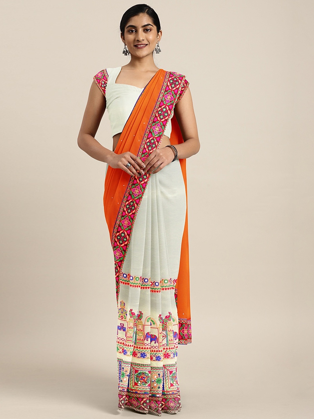 

Mitera Off-White & Orange Pure Georgette Embroidered Half and Half Saree