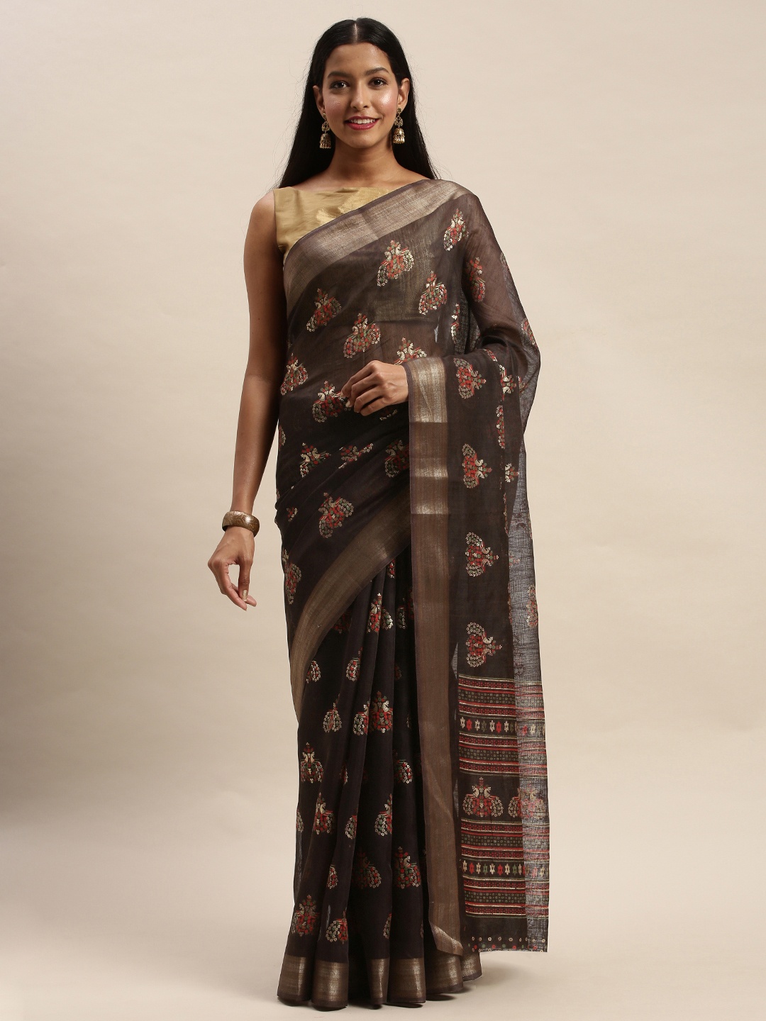 

SANGAM PRINTS Brown & Gold-Toned Cotton Blend Woven Design Chanderi Saree