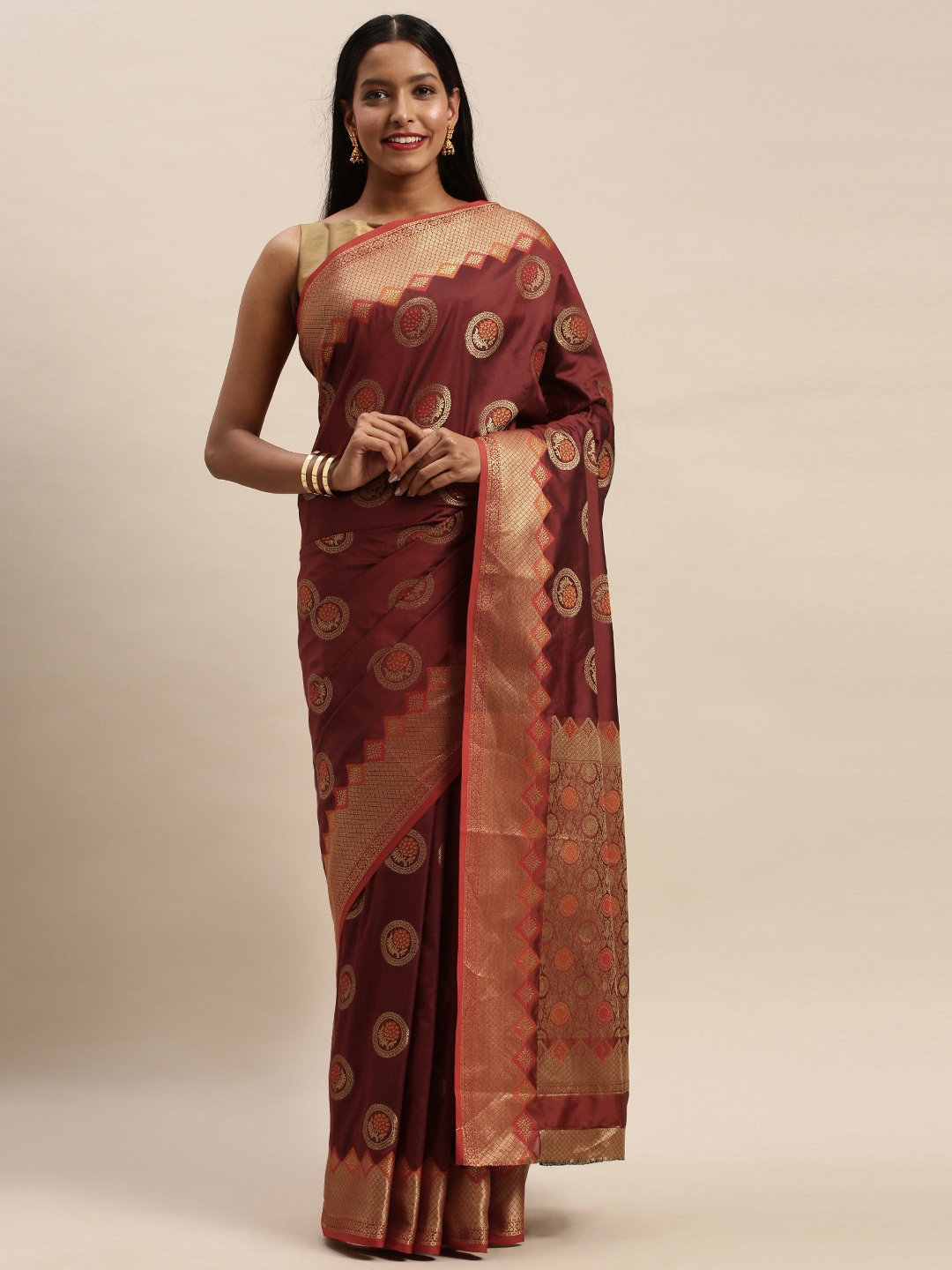 

SANGAM PRINTS Maroon & Gold-Toned Pure Silk Woven Design Banarasi Saree