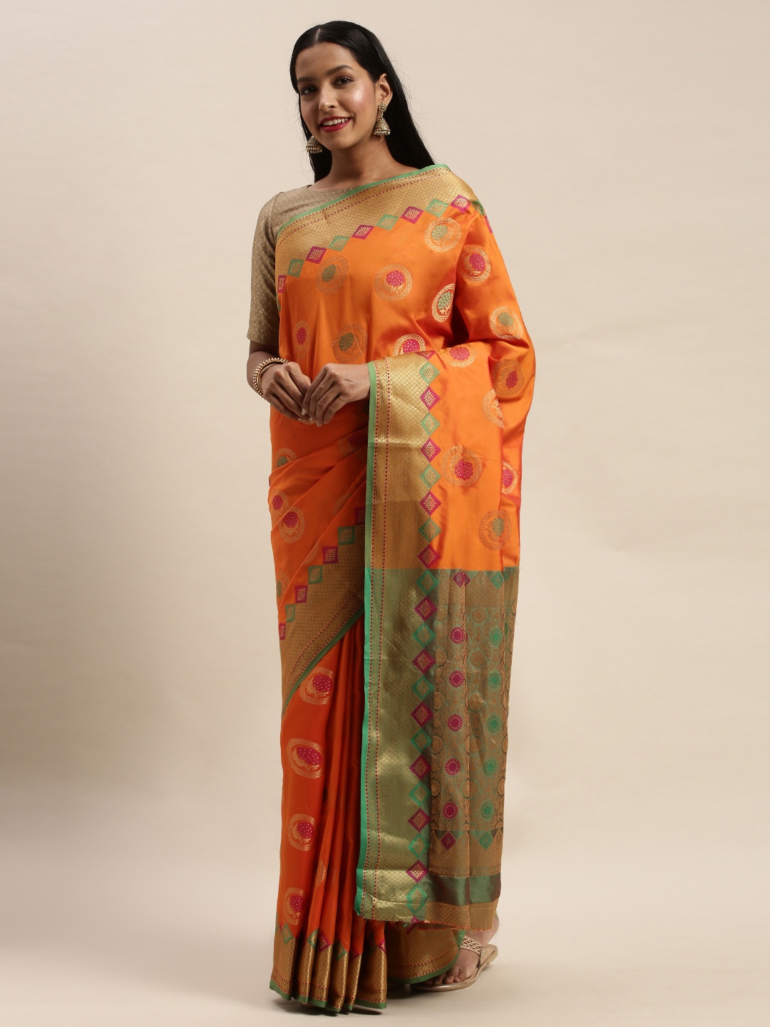 

SANGAM PRINTS Orange & Green Pure Silk Woven Design Banarasi Saree