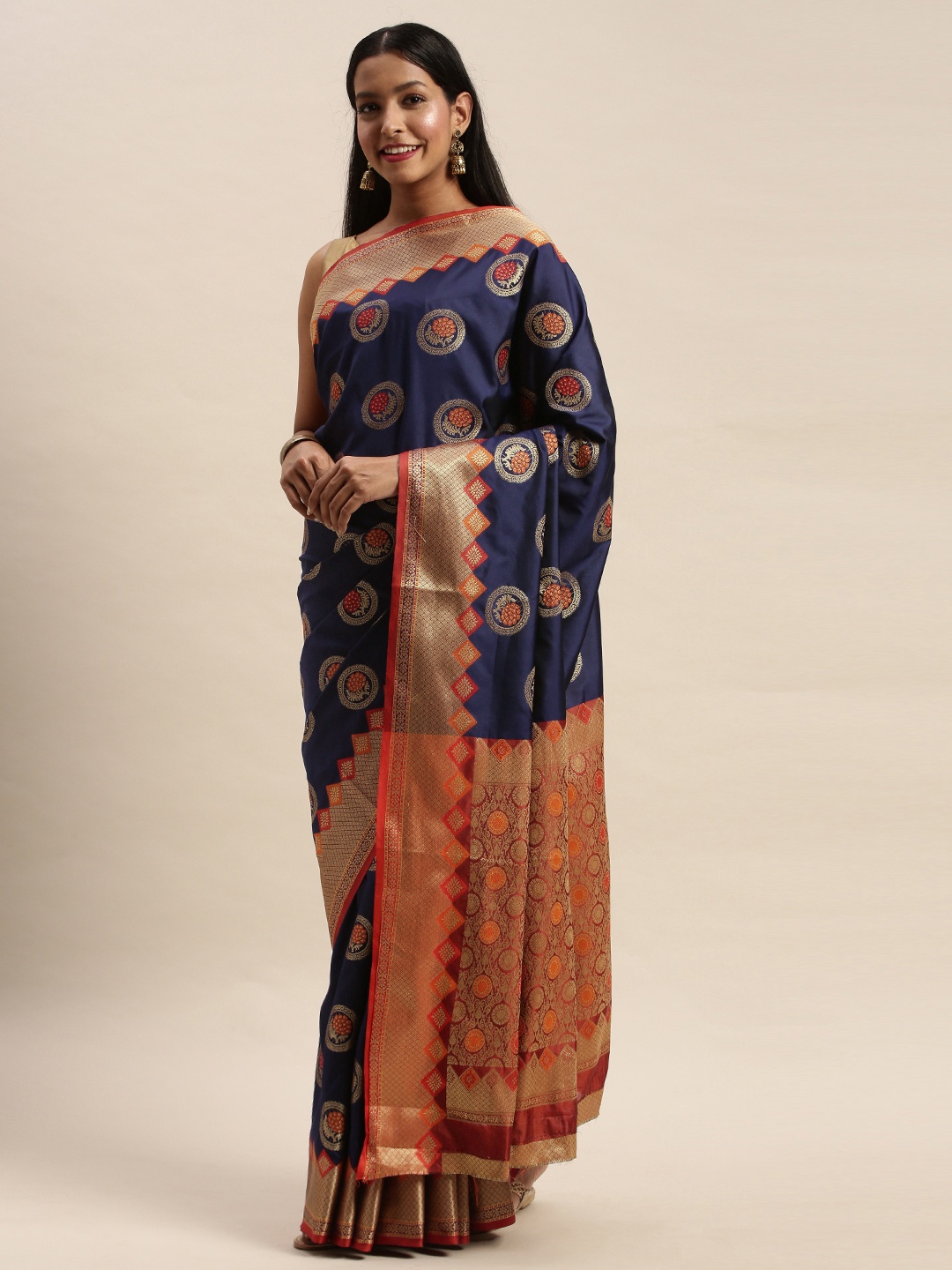 

SANGAM PRINTS Navy Blue & Gold-Toned Pure Silk Woven Design Banarasi Saree