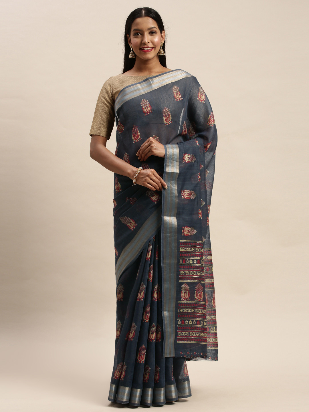 

SANGAM PRINTS Grey & Pink Cotton Blend Printed Chanderi Saree