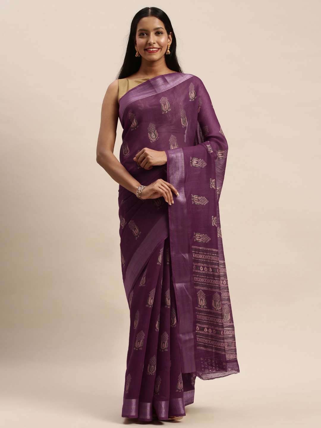 

SANGAM PRINTS Purple Cotton Blend Woven Design Chanderi Saree