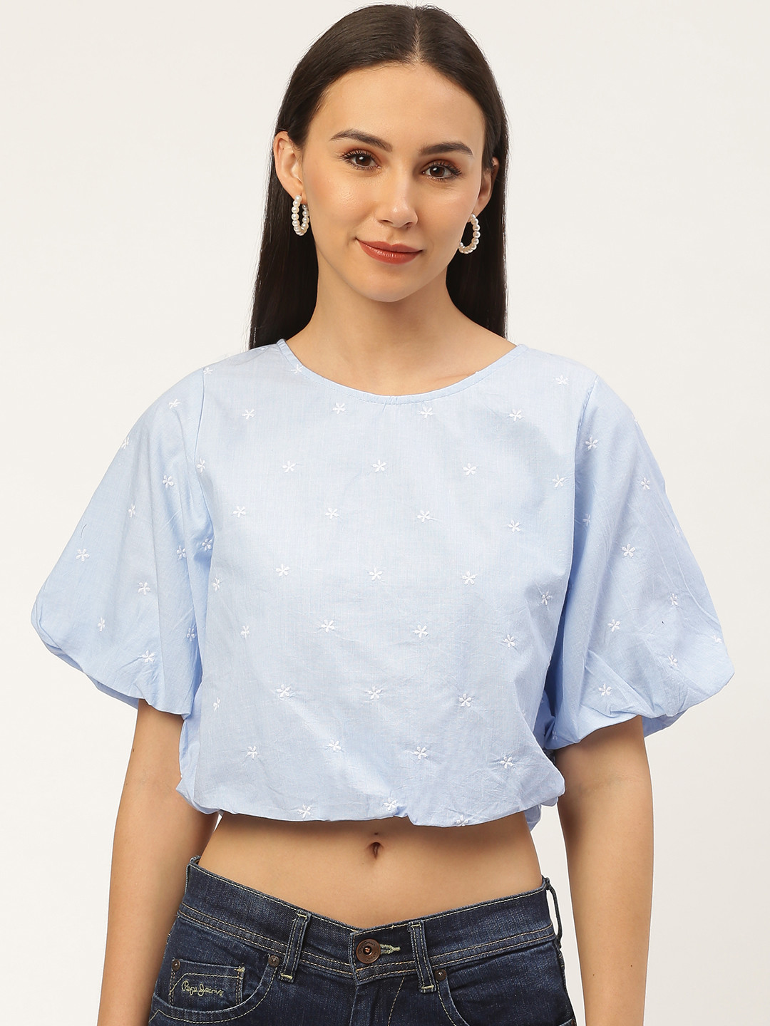 

Antheaa Women Blue & White Floral Embroidered Crop Pure Cotton Top