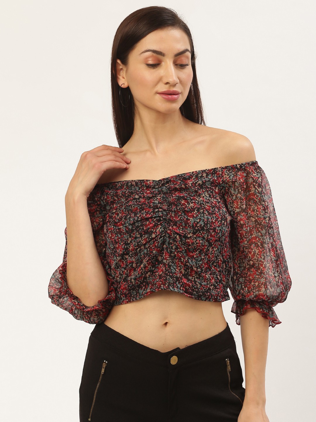 

Antheaa Women Black & Red Floral Print Crop Bardot Top