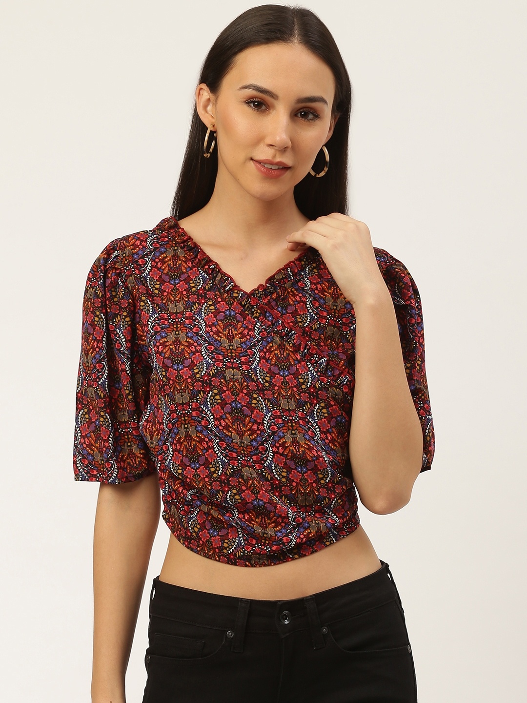 

Antheaa Women Black & Pink Floral Print Smocking Back Cropped Wrap Top