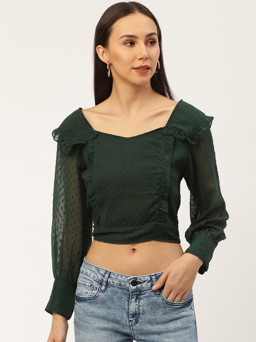 

Antheaa Women Green Self Design Cropped Victorian Top with Smocking & Ruffle Detail