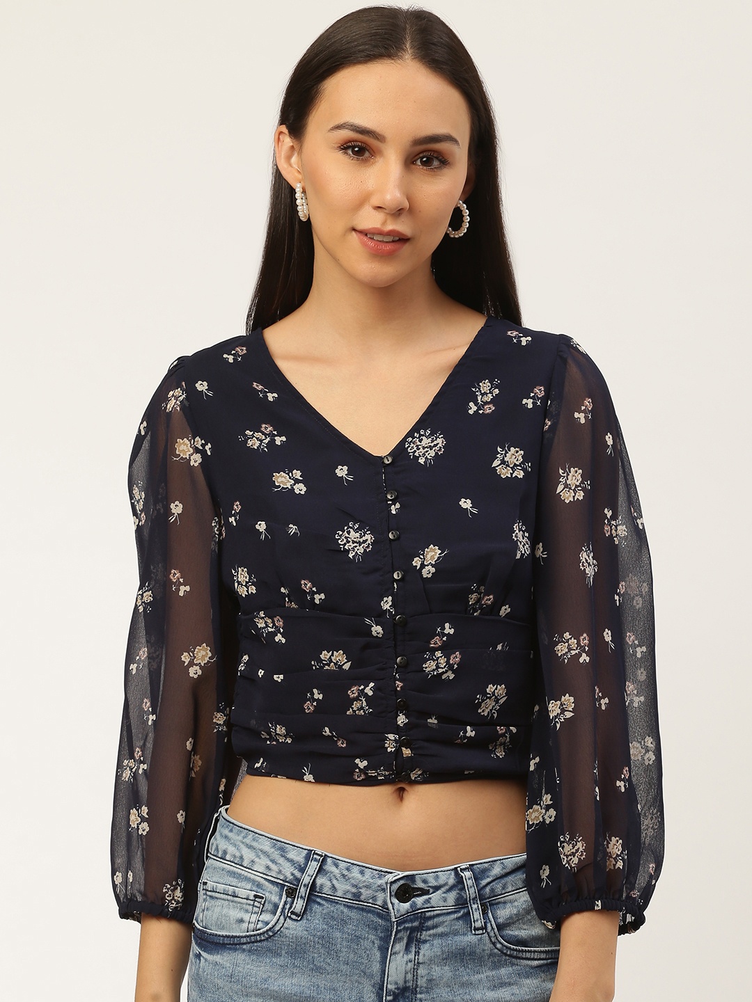 

Antheaa Women Navy Blue & Beige Floral Print Cropped Victorian Top