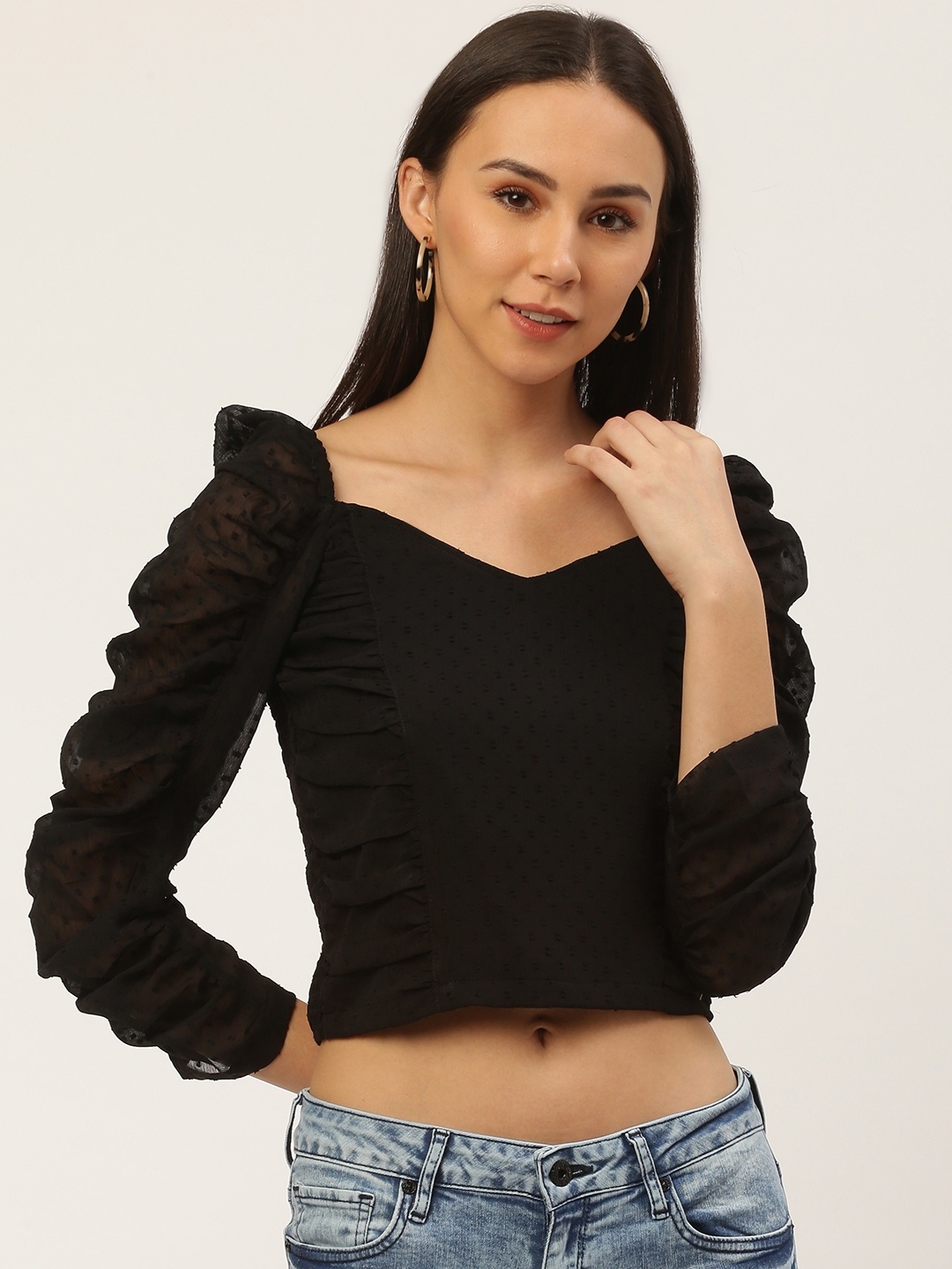 

Antheaa Women Black Self Design Crop Victorian Top with Smocking & Ruffle Detail