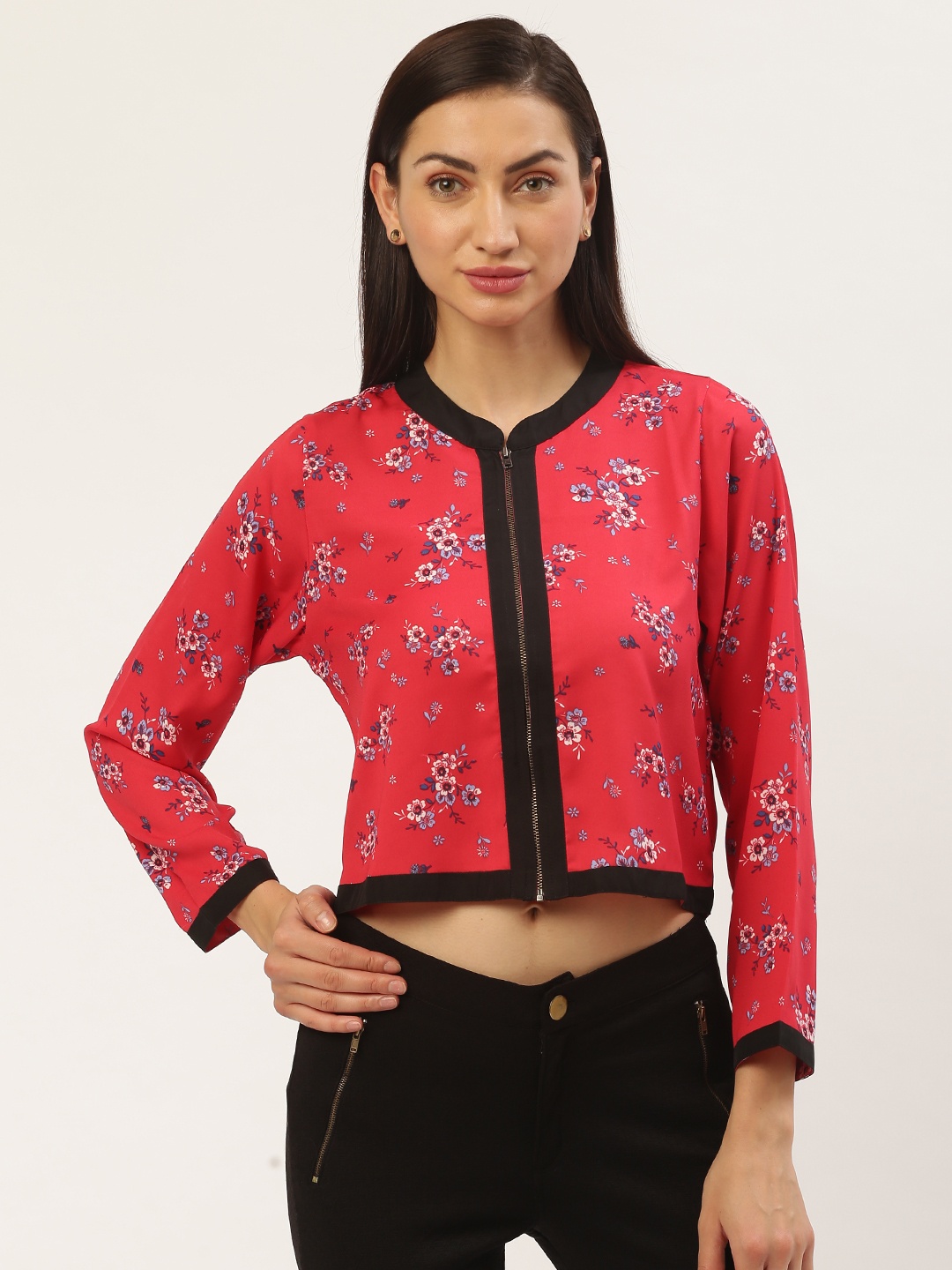 

Antheaa Women Pink Floral Print Crop Tailored Jacket