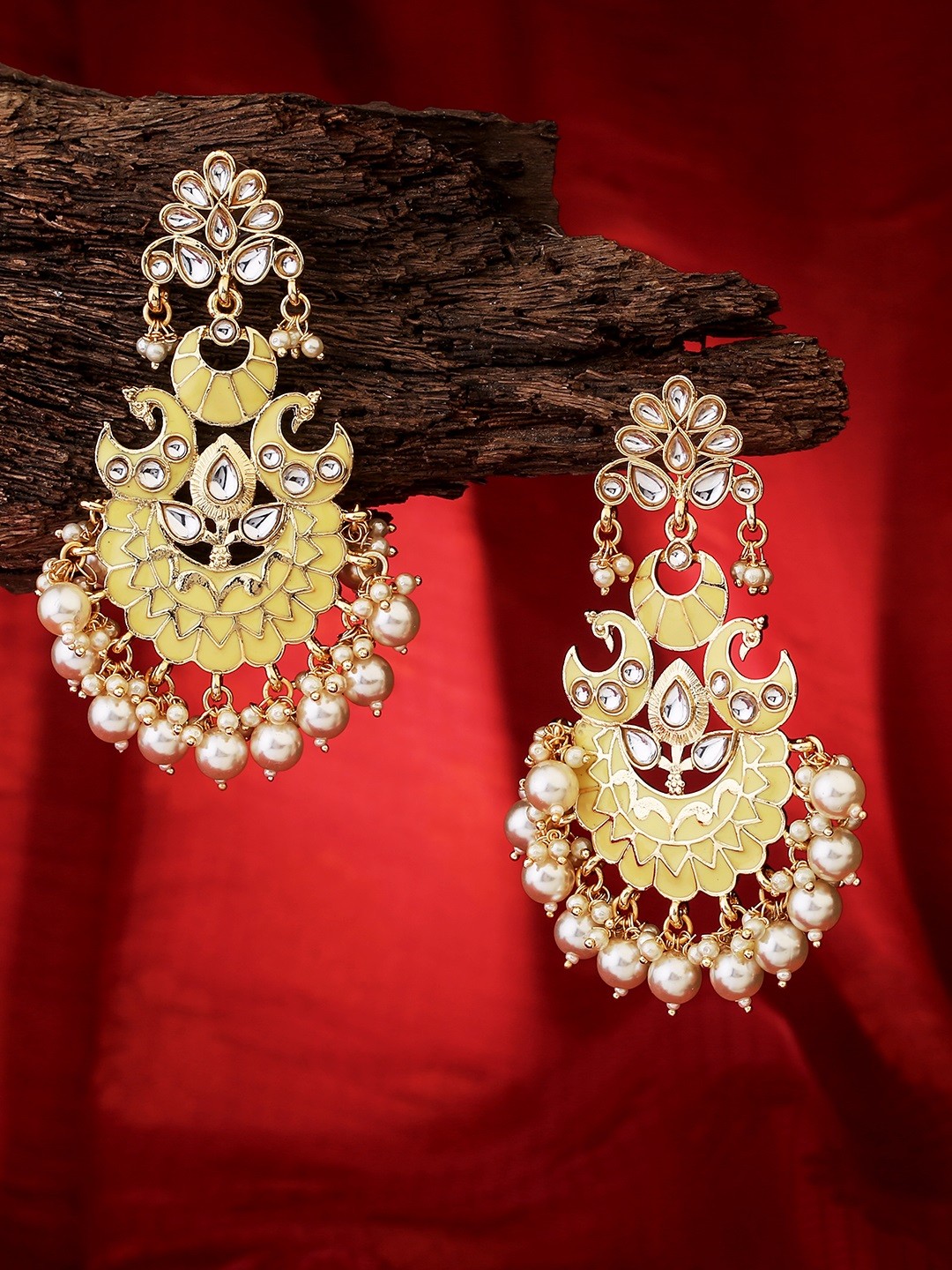

LAIDA Yellow Gold-Plated Handcrafted Kundan Studded Traditional Classic Drop Earrings
