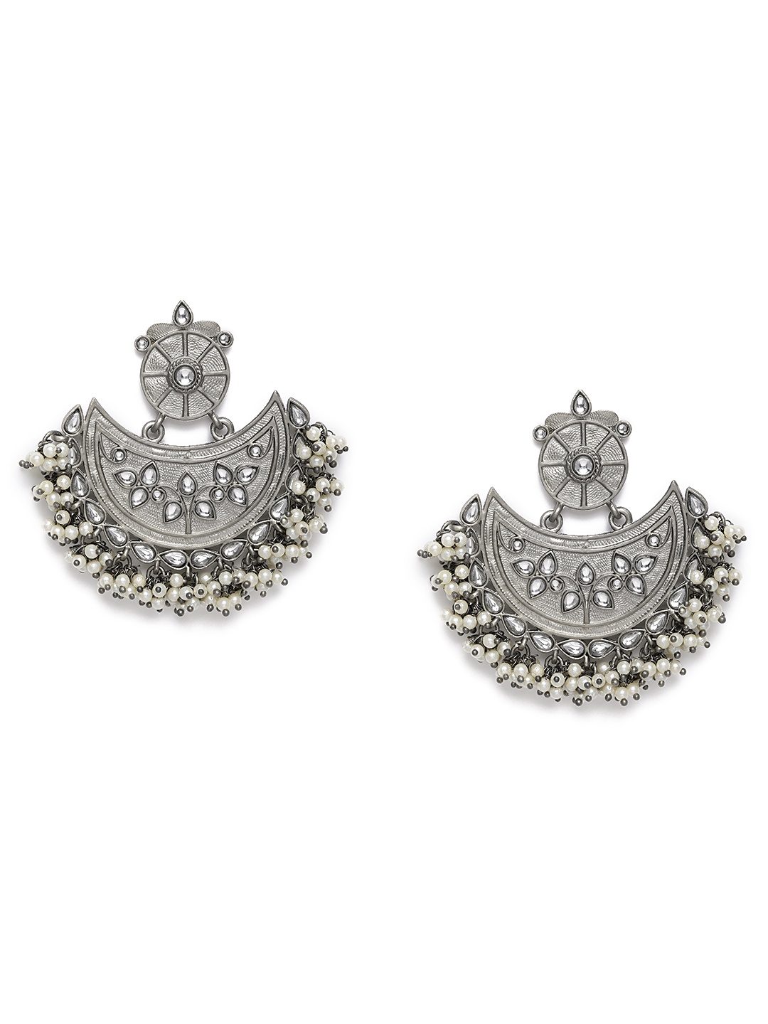 

LAIDA Oxidized Silver-Toned Kundan Studded Crescent Shaped Chandbalis