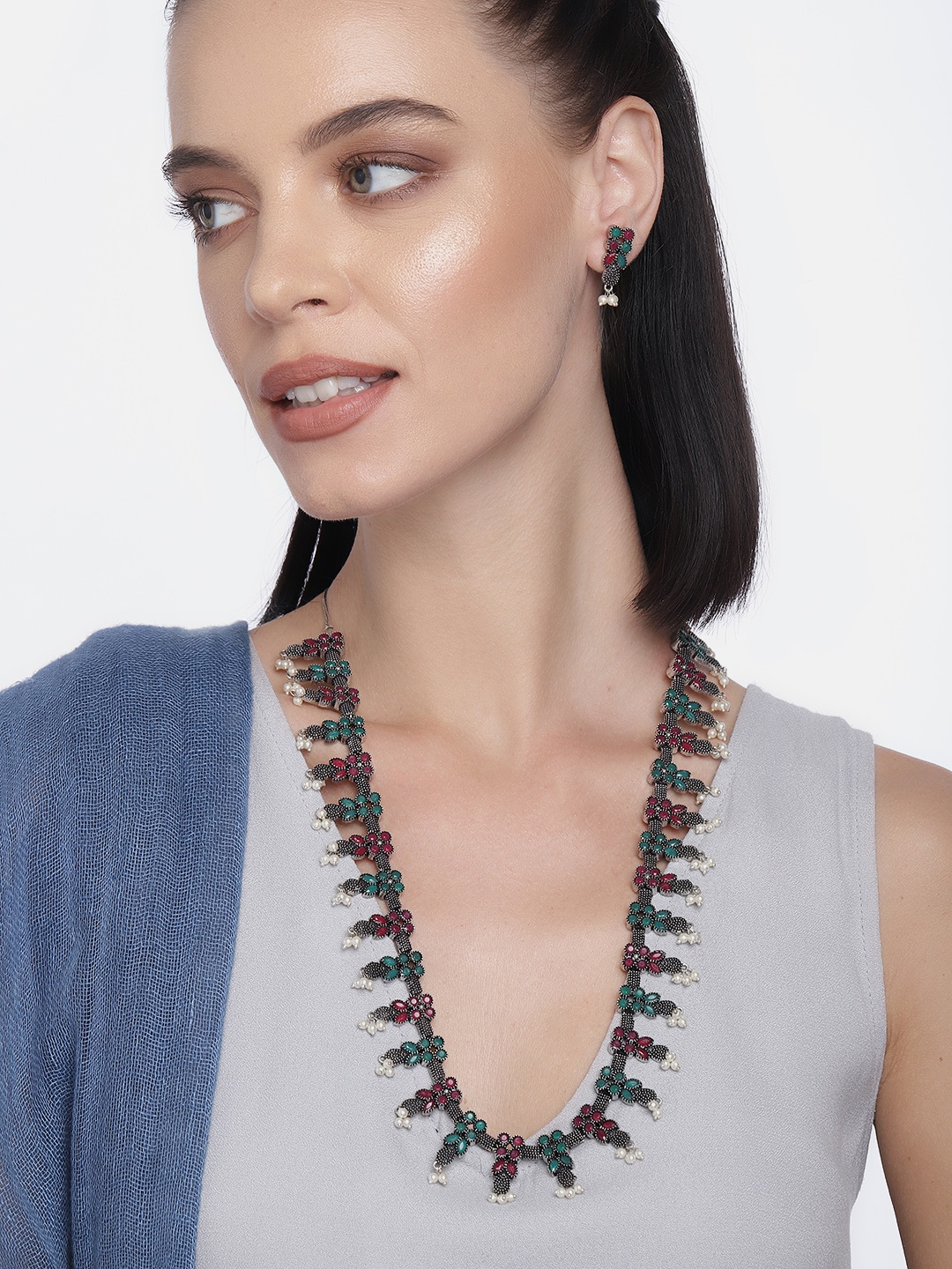 

LAIDA Multicoloured Silver-Plated Ruby & Emerald Stone Studded Jewellery Set, Multi