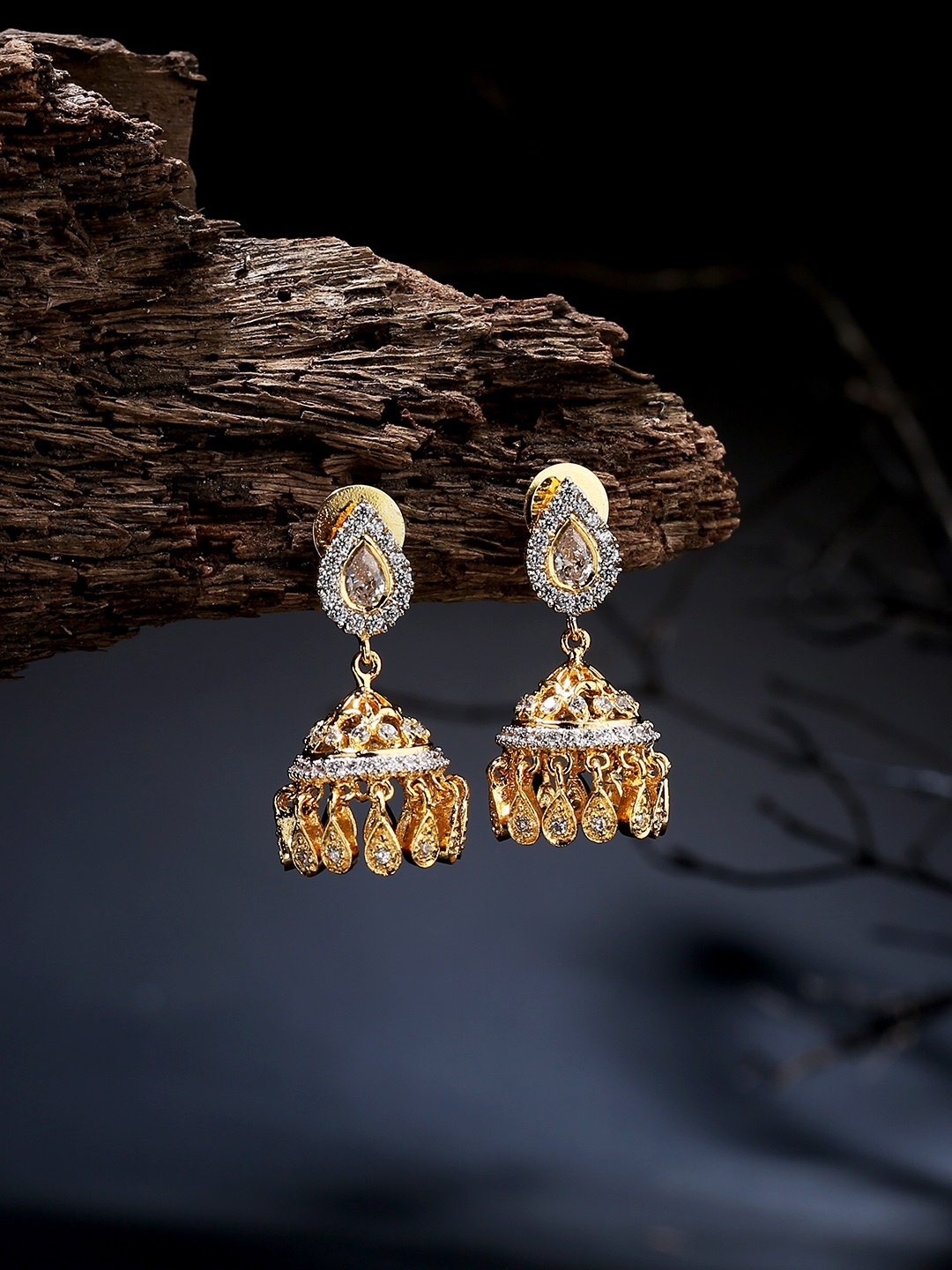 

LAIDA Gold-Plated & White American Diamond Studded Dome Shaped Jhumkas