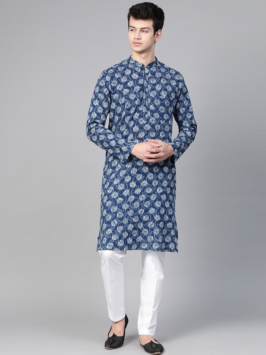 

See Designs Men Navy Blue & White Hand Block Print Sustainable Handloom Kurta with Pyjamas