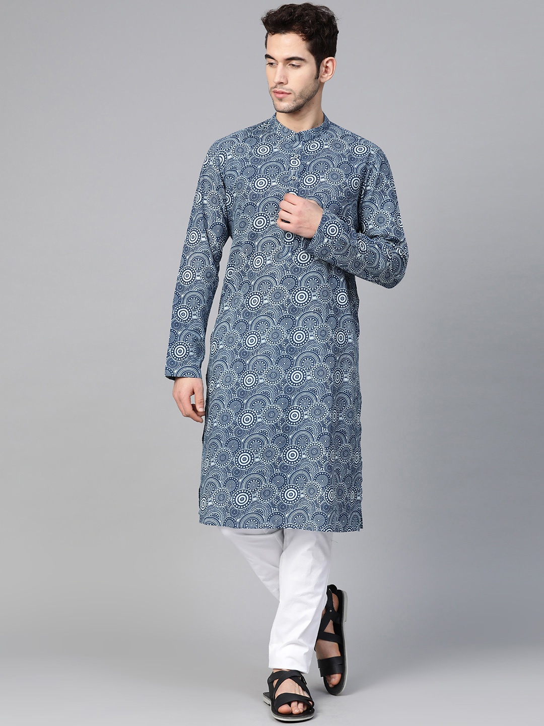 

See Designs Men Navy & White Hand Block Printed Sustainable Handloom Kurta with Pyjamas, Navy blue